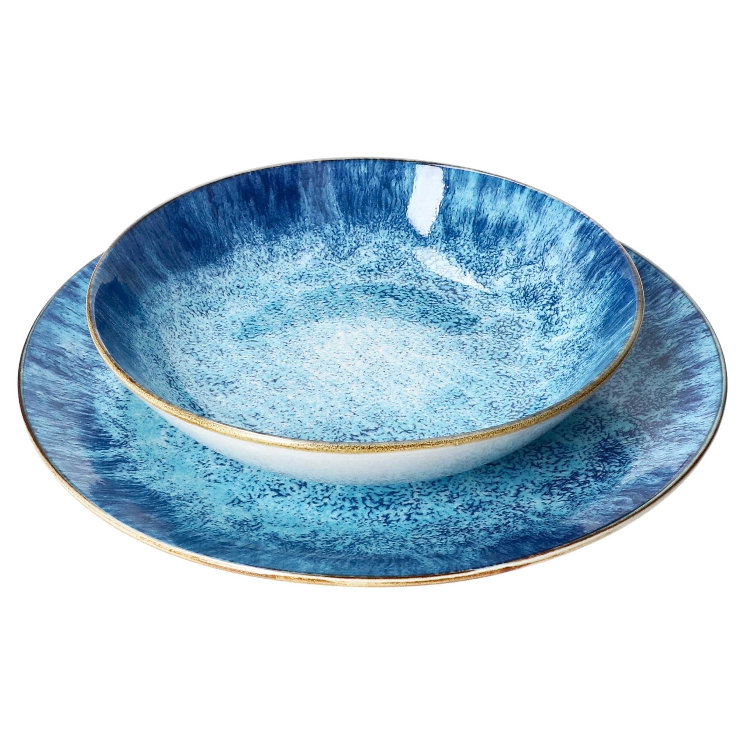 MamboCat Marina 12tlg Tafelservice I blaues Porzellan-Geschirr mit maritimem Design für 6 Personen I Ozean-Dekor, Gischt I 6x Suppenteller & 6x Speiseteller für Frühstück, Mittag & Abendbrot
