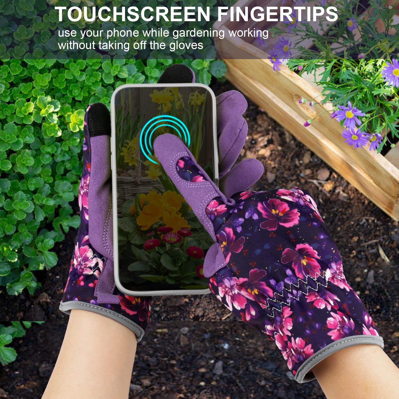 Gants de jardinage en cuir résistant pour femme - Anti-épines - Pour écran tactile - Cadeau de travail dans la ferme - Violet - Taille M