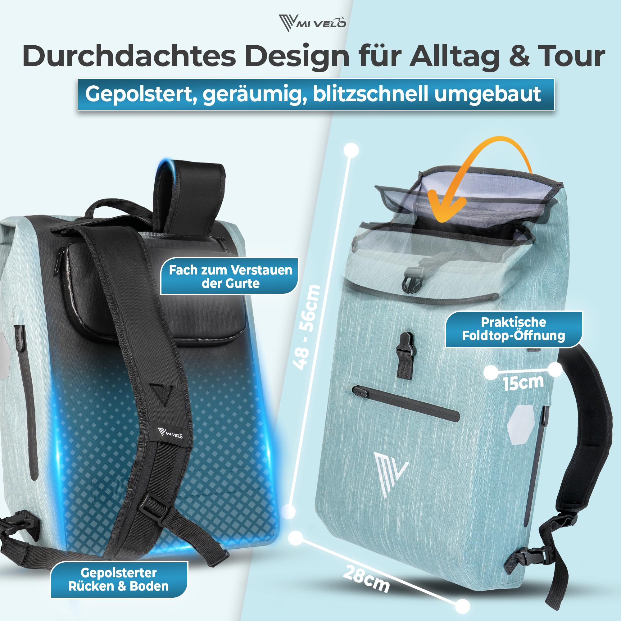 MIVELO 3in1 Fahrradtasche für Gepäckträger - Fahrrad Tasche Rucksack mit gepolstertem Laptopfach