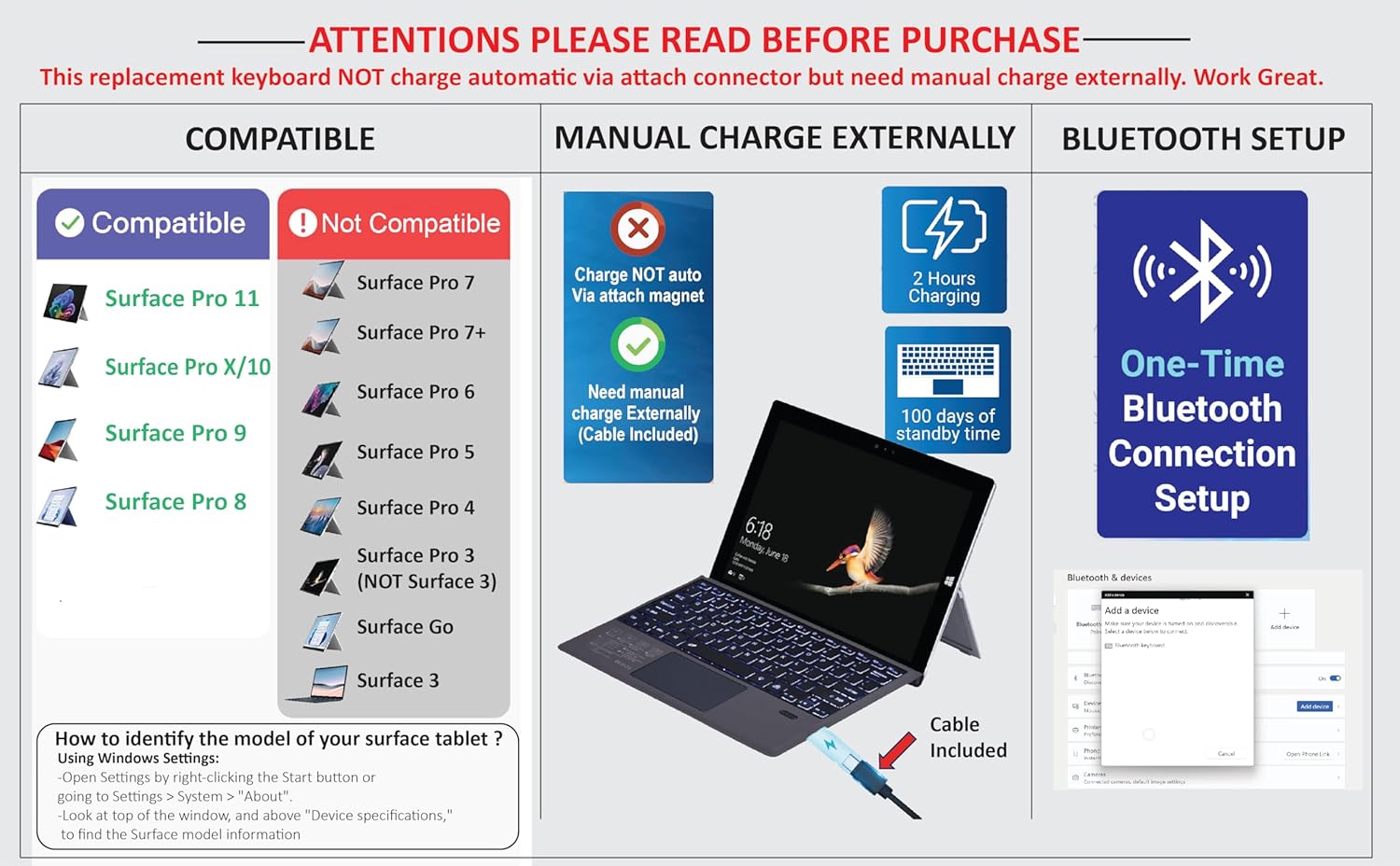 Bluetooth Keyboard Replacement Type Cover Trackpad Mouse For Microsoft Surface Pro 11 Pro 10 Pro 9 Pro 8 Pro X MS Wireless Keyboard With Touchpad + Pencil Holder + 7-Color Backlit, Magnetic, Slim Case