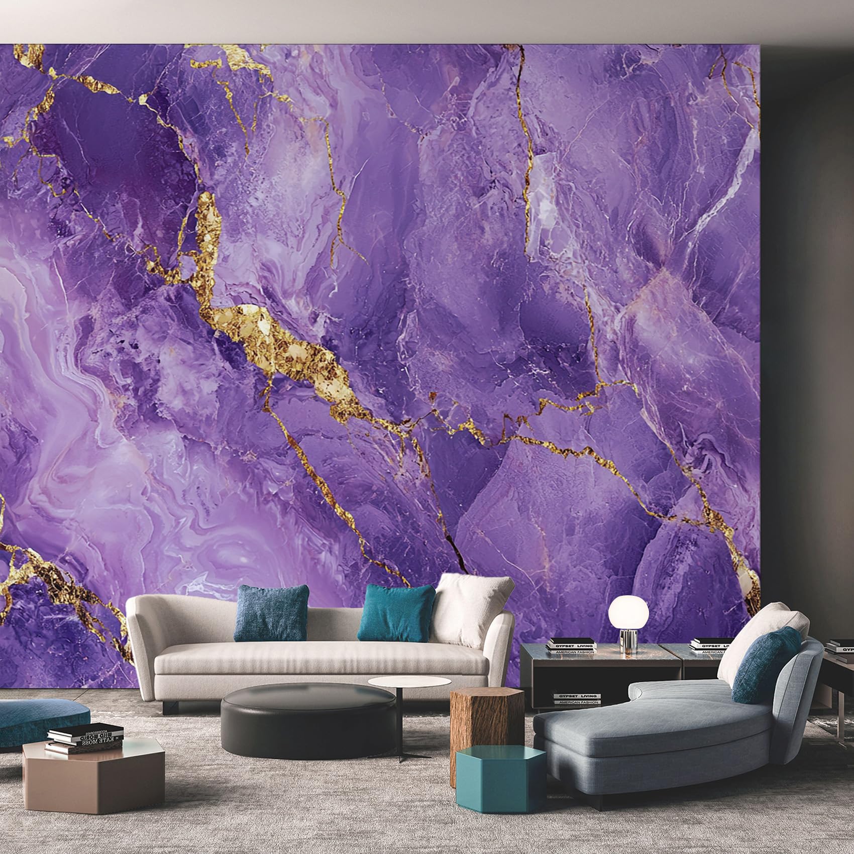 Generisch Vlies Fototapete Lila 450x315 cm, Tapete Lila Marmor Tapeten Vliestapete Wohnzimmer Treibsand Fluid Art Schlafzimmer Wandtapete Ornamente Mustertapete W&19