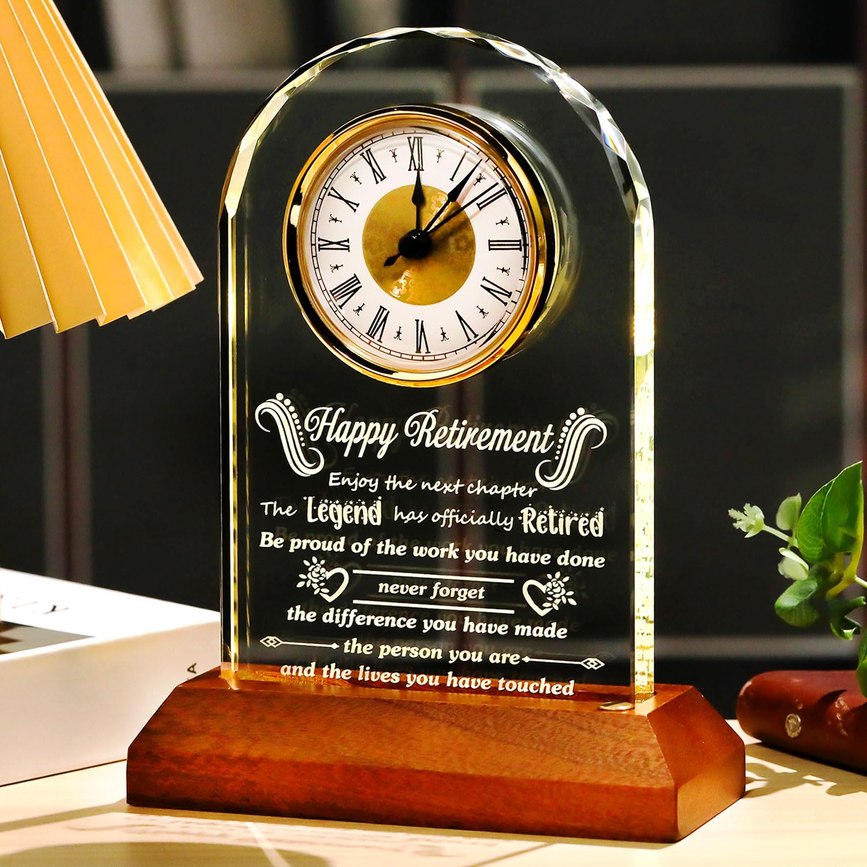 Arikyrist Glass Retirement Clock Gifts for Woman Men with Wooden Light Base