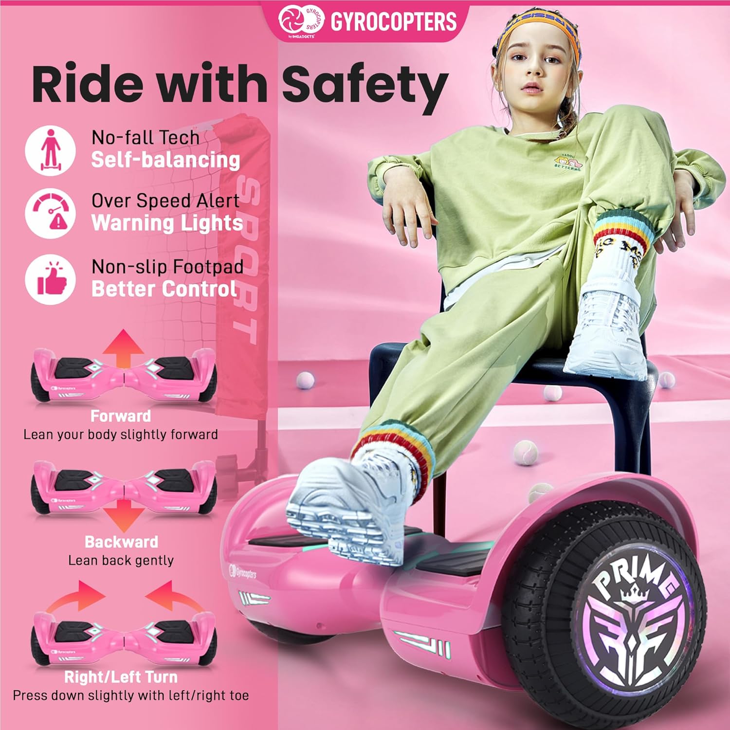 Safety features of Gyrocopters Prime Hoverboard including no-fall tech, over speed alert, and non-slip footpad