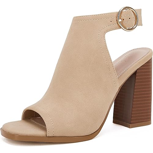 Ermonn Women‘s Cutout Peep Toe Stacked Heeled Sandals Ankle Strap Buckle Booties