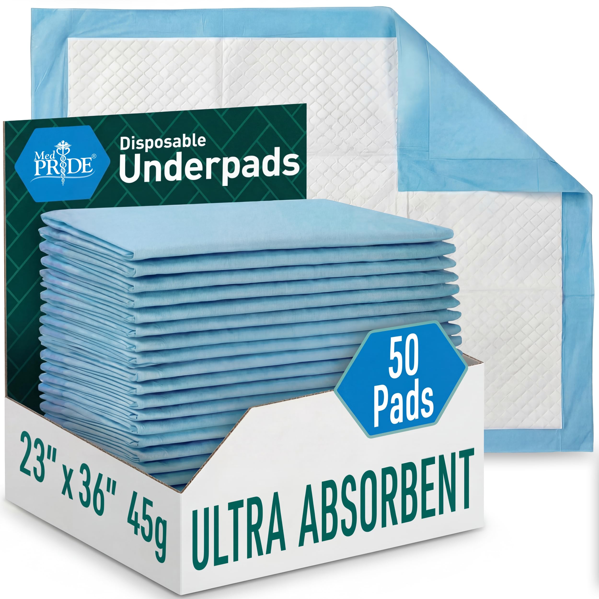 MED PRIDE Disposable Chux Pads 23in X 36in, Super Absorbent Bed Pads for Incontinence, Underpads for Adults, Kids, Pets (50 Count (Pack of 1) Blue/White)