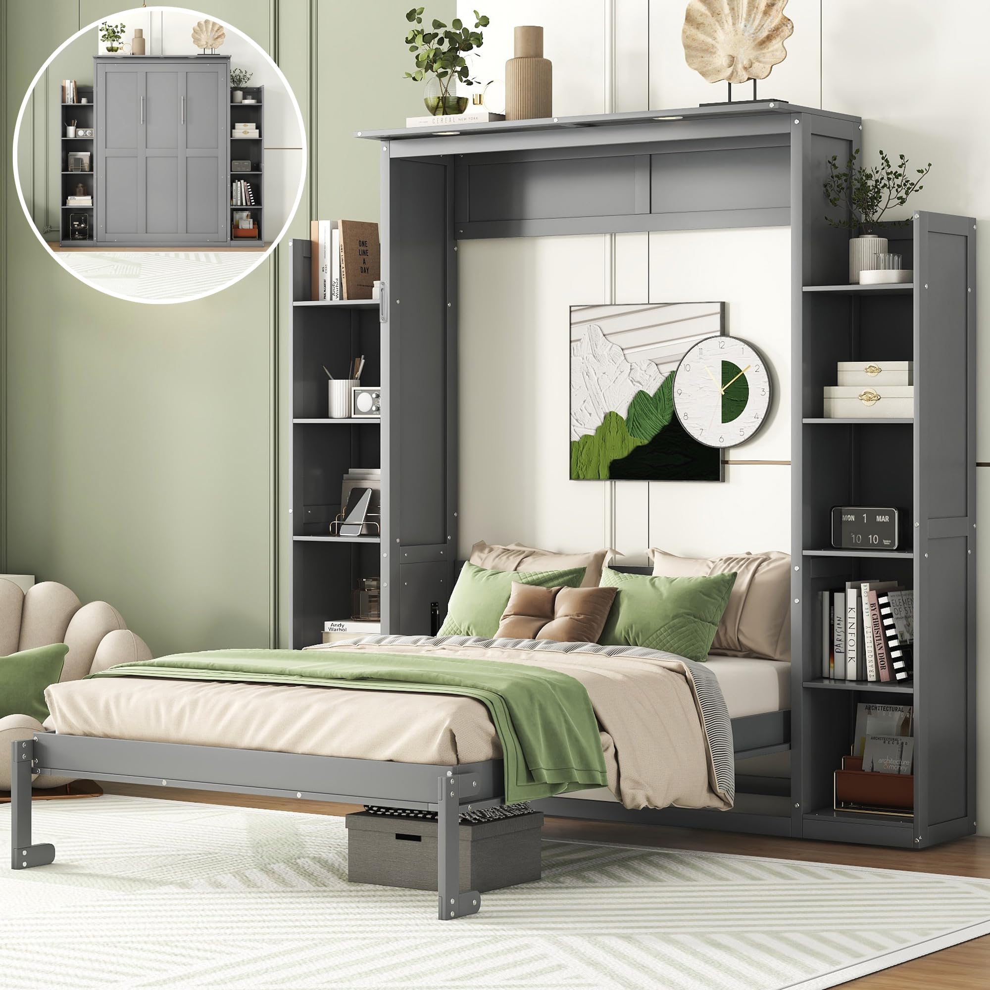merax full size murphy bed with storage shelves, full wall murphy foldable bed with led lights, no box spring needed, gray (used)