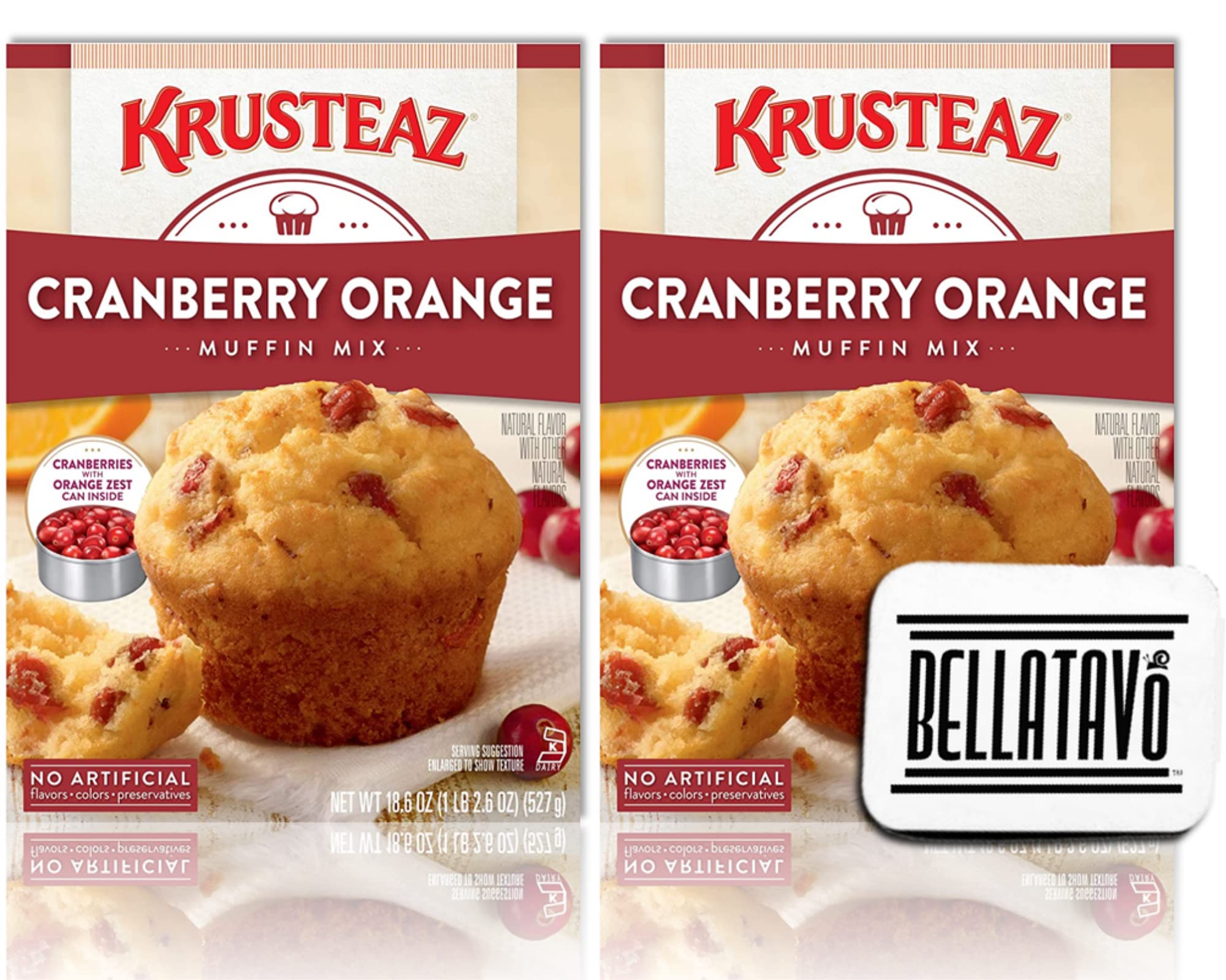 Cranberry Orange Muffin Mix Bundle. Includes Two-18.6 Oz Boxes of Krusteaz Cranberry Orange Muffin Mix with Cranberries & Orange Zest Can! 1 box Makes 12 Muffins! Comes With a BELLATAVO Fridge Magnet!