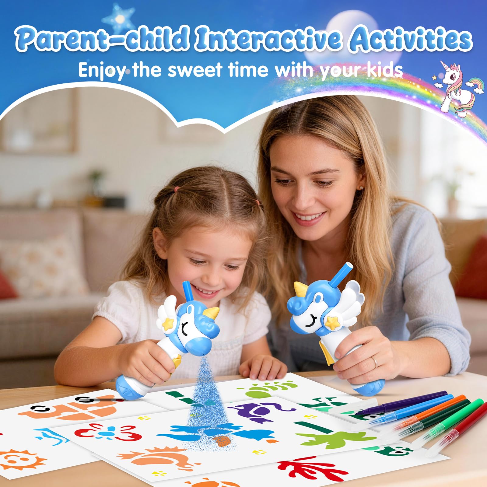 Set di pennarelli a spruzzo per bambini, per creazioni creative e artigianali, include 5 pennarelli lavabili, 8 stencil, regalo per bambini, ragazze e ragazzi