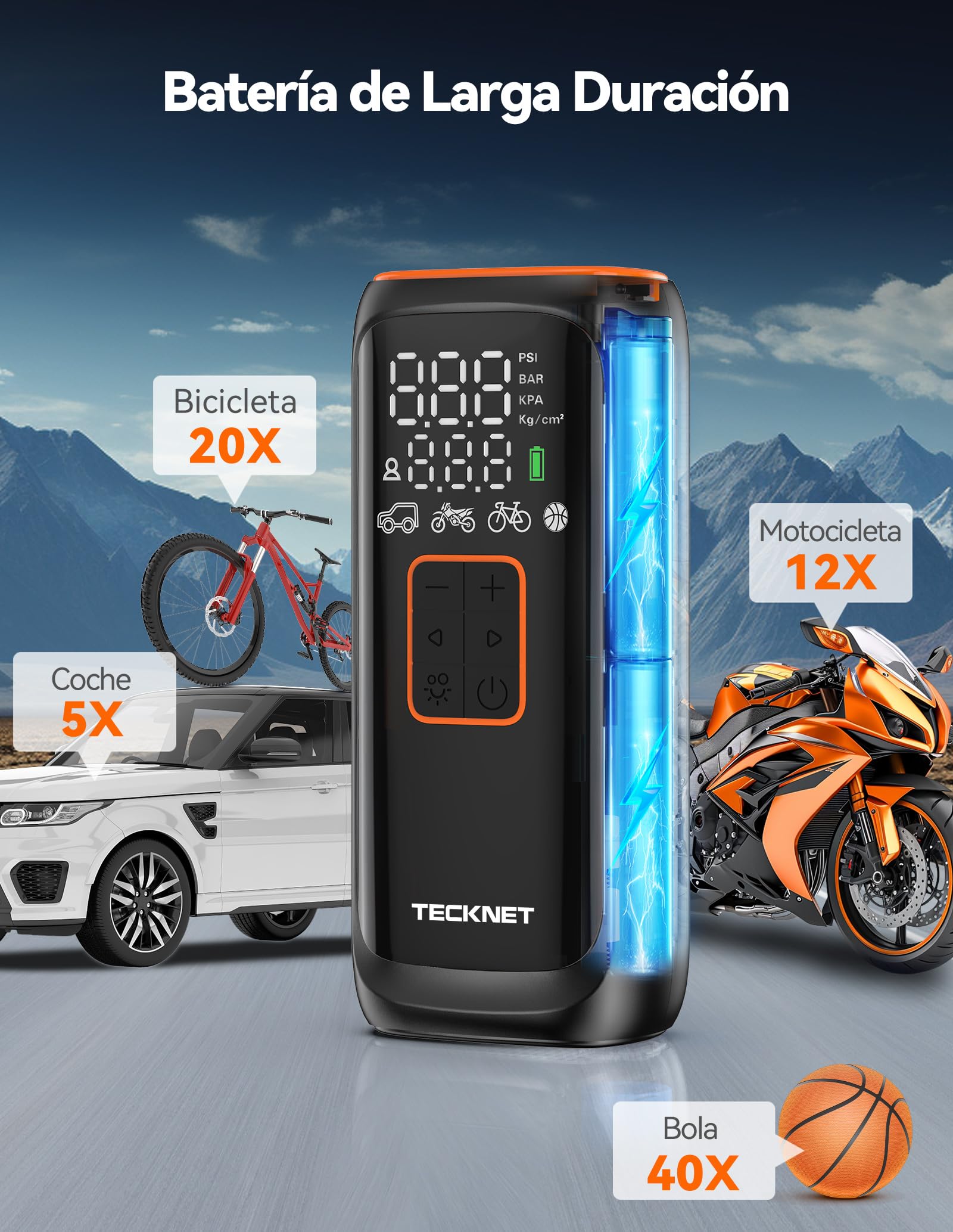TECKNET Mini Compresor Aire Portátil, 150 PSI Inflador Ruedas Coche, Compresor Recargable 6000 mAh, Puede Utilizar y Linterna, 5 Modos, Adecuado para Coches, Bicicletas, etc.