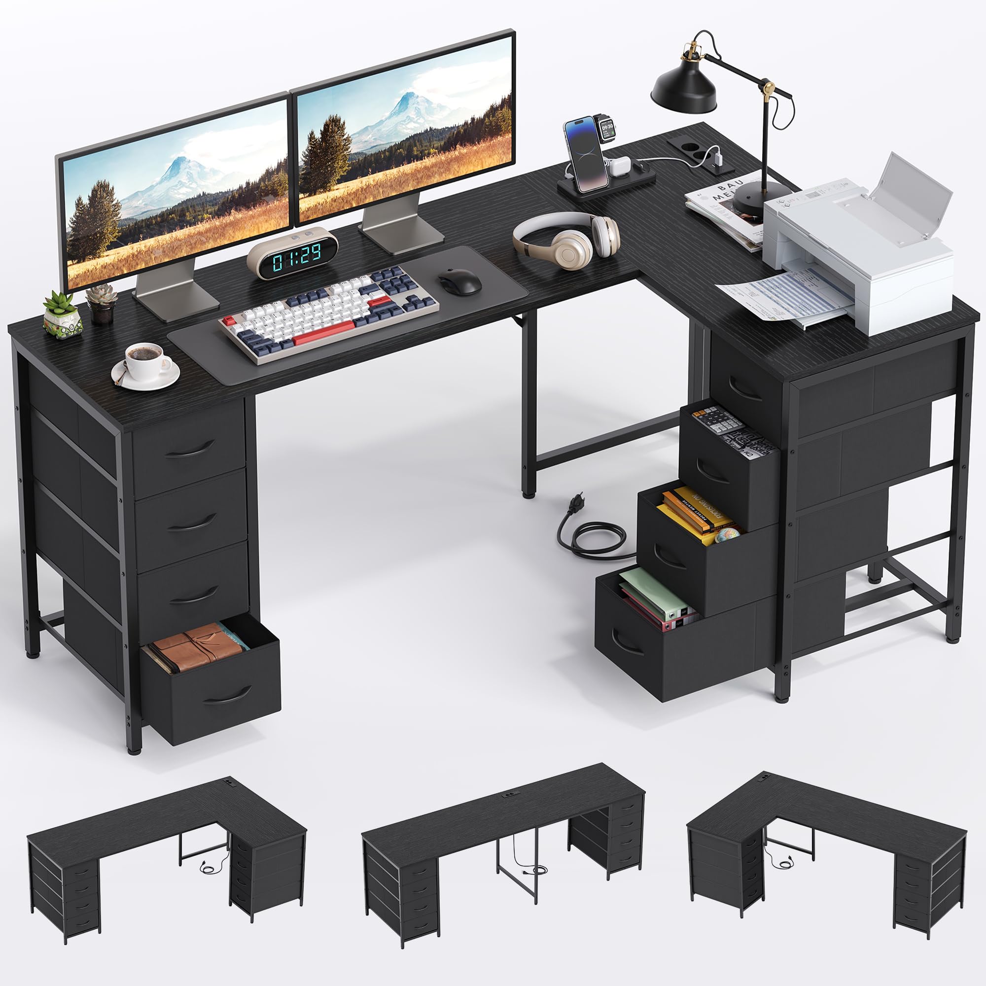 YOUDENOVA Scrivania a forma di L, 170 x 100 cm, scrivania ad angolo con 8 cassetti, scrivania per computer con presa e porta di ricarica USB, scrivania da ufficio per studio, colore nero