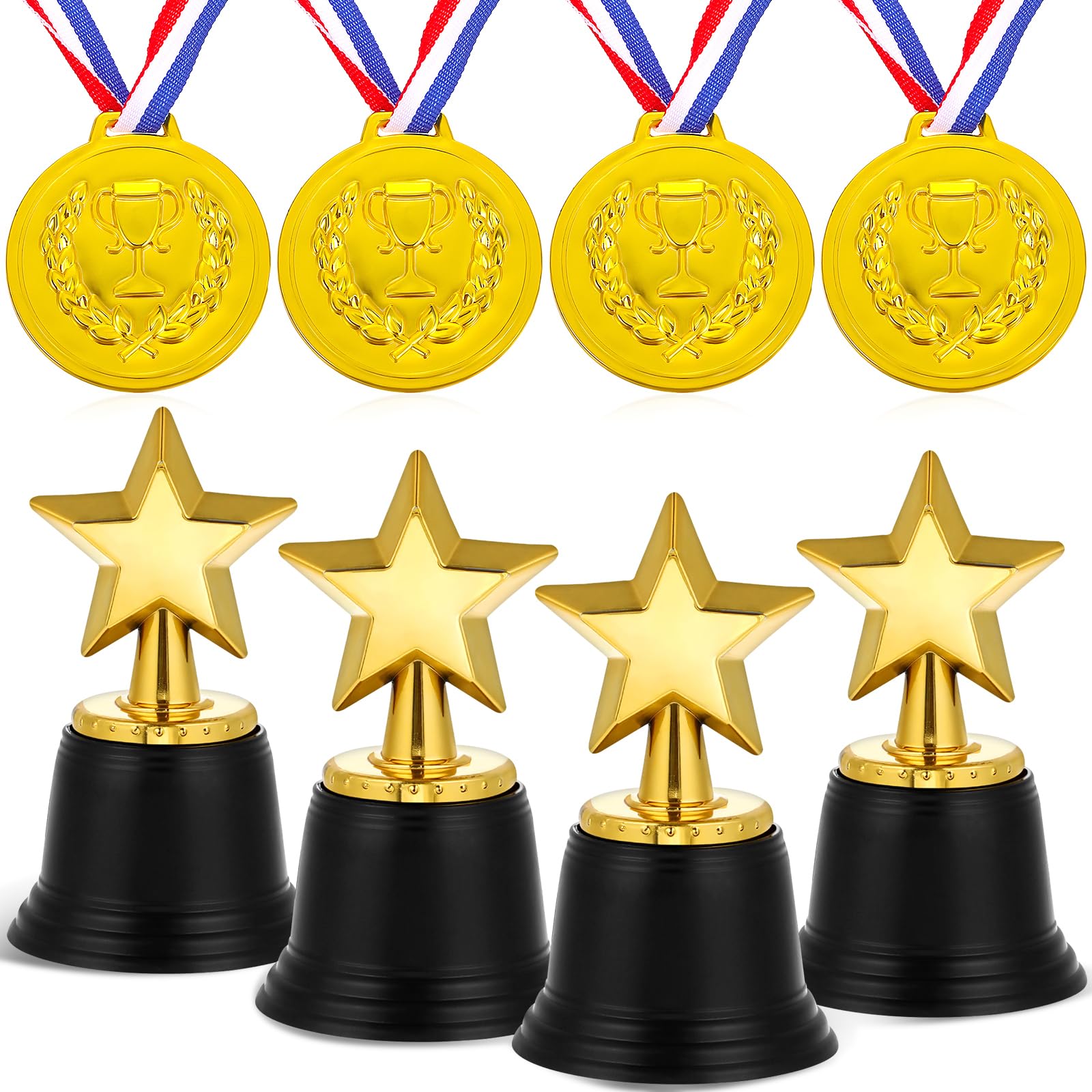 NUOBESTY 4 Sets Mini Star Trophies and Medals Star Award Trophy Golden Winner Medal for Classroom Winning Reward Prizes Sport Tournament Event Competitions