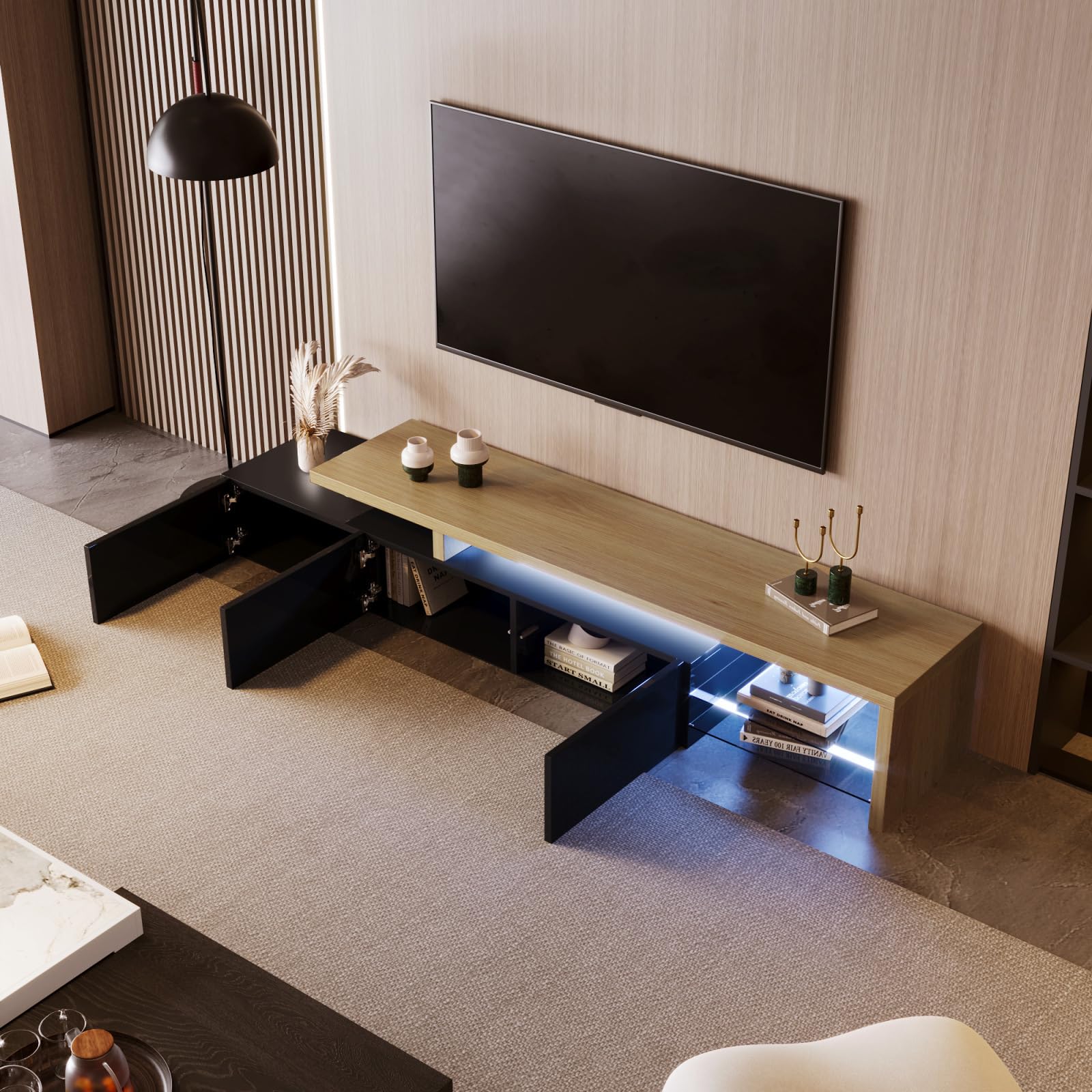 Mueble de TV LED con 3 cajones, mueble extensible para TV moderno con cajones, armario de TV con almacenamiento abierto, marco de madera, mesa de TV para salón dormitorio (negro-2, 200x39x42)