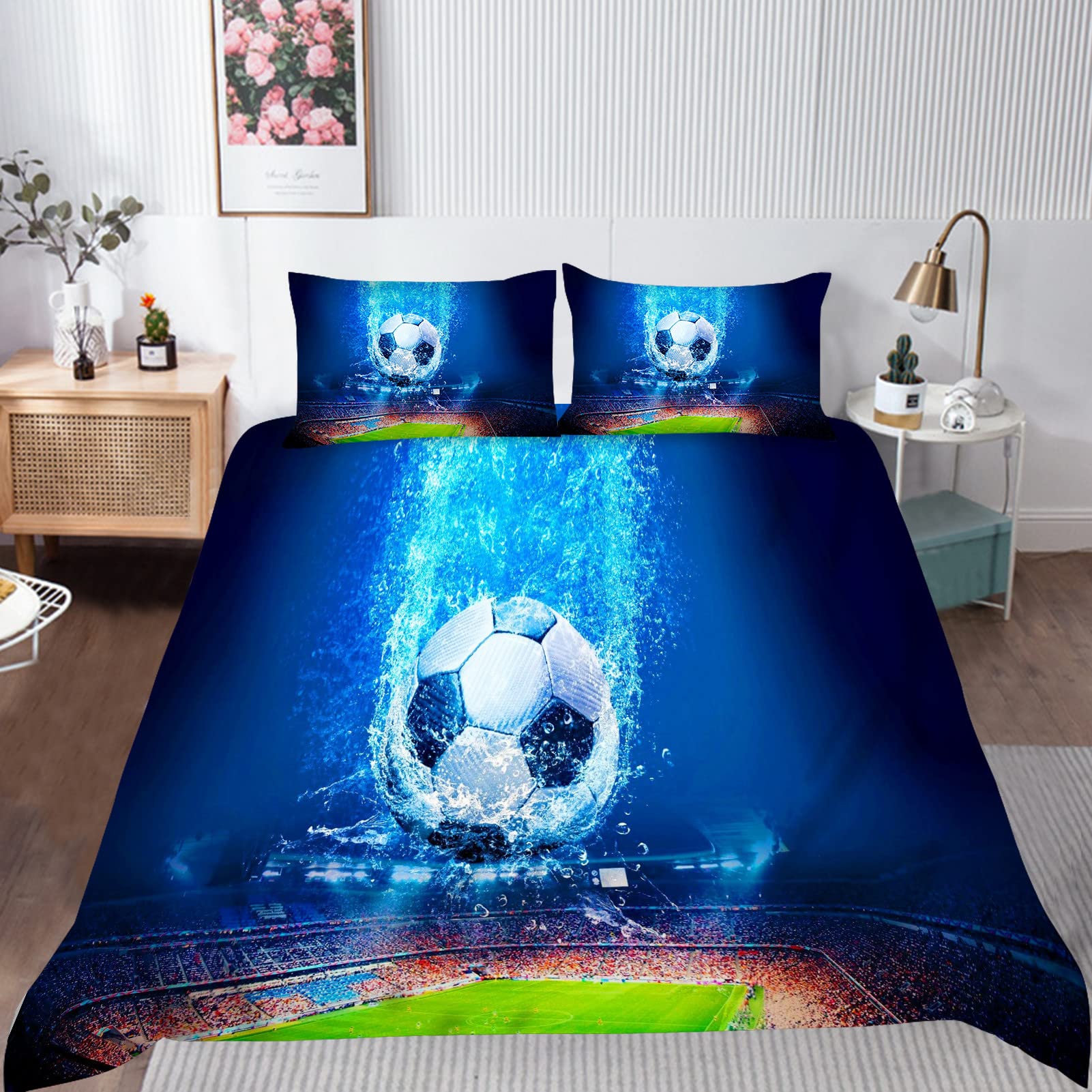 YUANZU Soccer Bedding Set King for Kids Boys Teens Duvet Cover Set 3 Pieces Blue Sea Bottom Football Sports Field Printed Soft Microfiber Quilt Cover with Zipper Closure (230 x 220 cm & 2Pillowcase) โ image 1