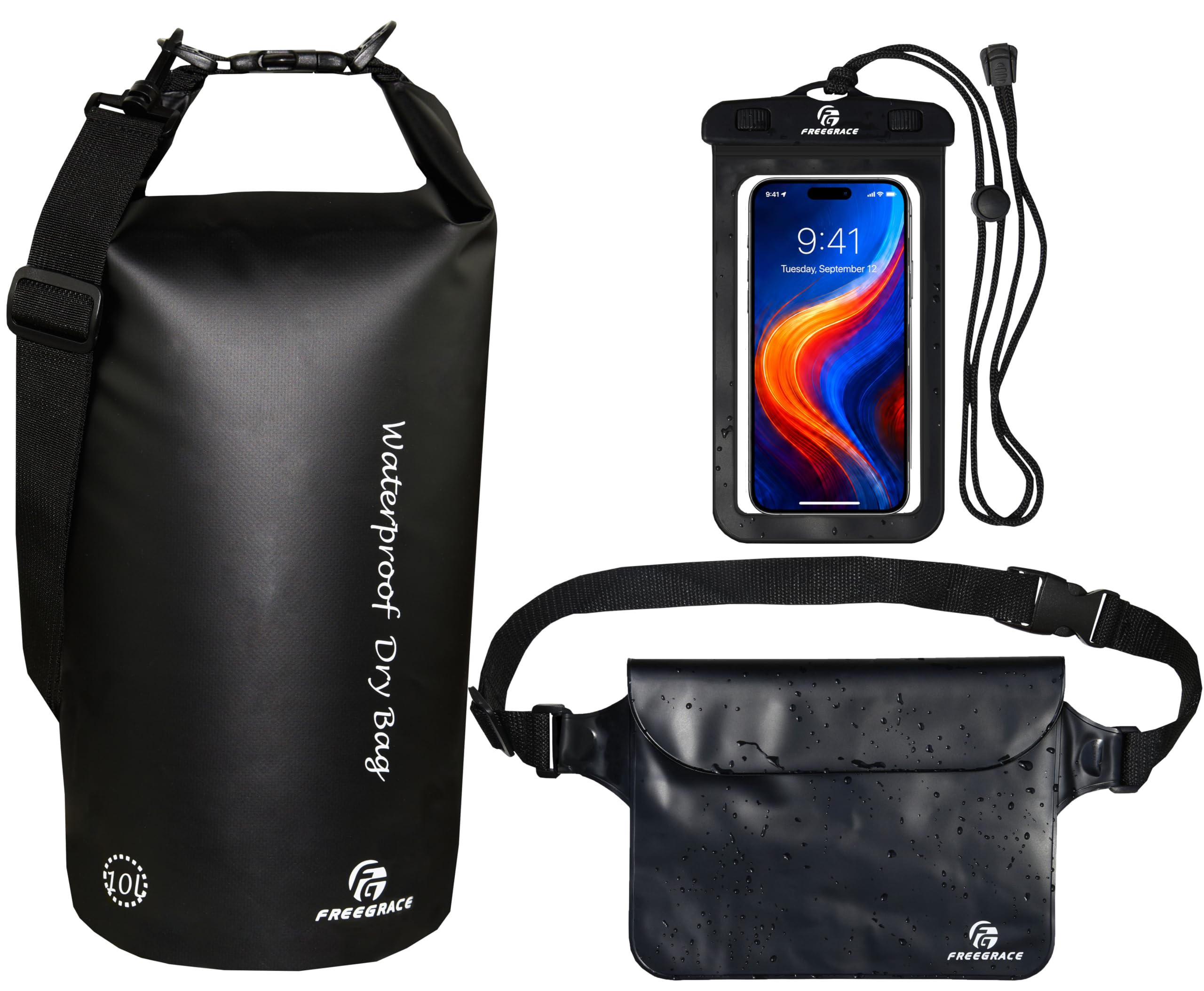 Freegrace Waterproof Dry Bag with Double Zip-Lock, Phone Case & Waist Pouch | 5L Black, Submersible 500D Tarpaulin, Adjustable Crossbody Strap,