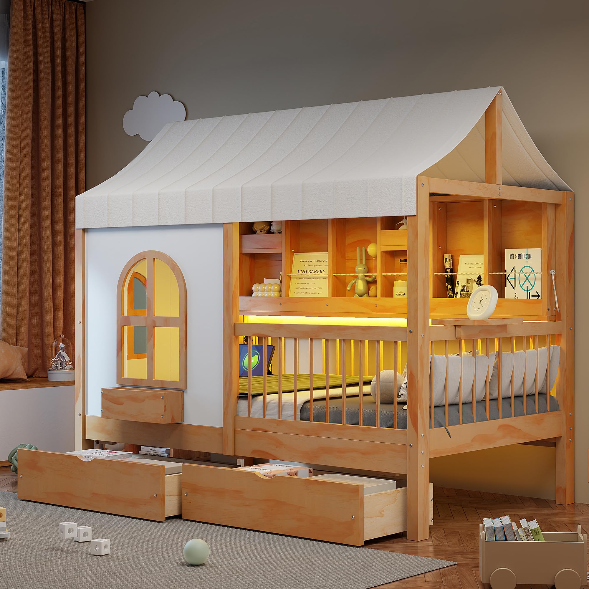 House Bed with Tent and Bookshelf, 2 Drawers,USB Charging