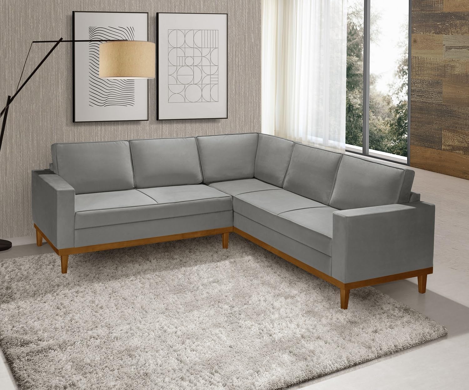 Sofá De Canto 5 Lug. Toronto - Base De Madeira - Veludo Cinza