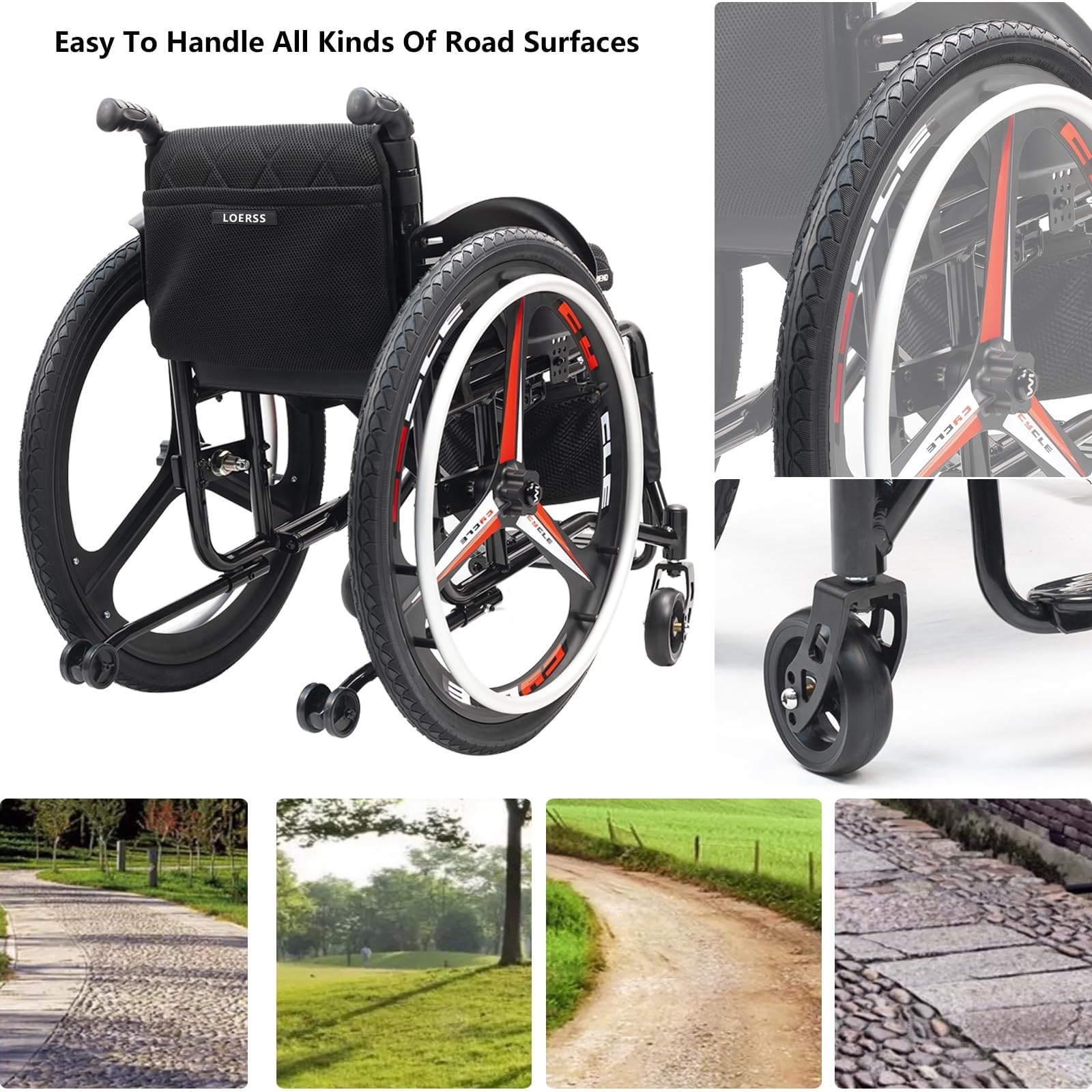 24-Zoll-Offroad-Reifen-Rollstuhl, Leichter Klapprollstuhl For Erwachsene, Rahmen Aus Aluminiumlegierung, Anti-Kipp-Räder, Handbremsen, For Reisen Im Freien(14.9in/38cm)