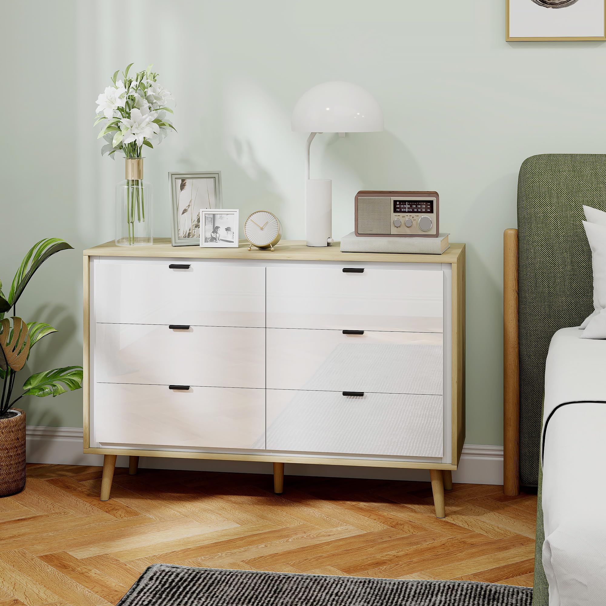 HOMCOM Cómoda 6 Cajones con Frente de Blanco Brillo 110x40x75 cm Roble | Cómoda Dormitorio con Patas de Madera, Cajonera para Salón, Oficina, Estilo Moderno