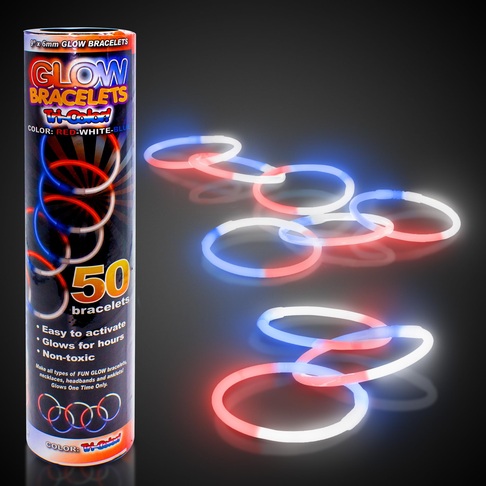 Fun Central P78 8 Inch Glow In The Dark Bracelets - Red-White-Blue 50 Count