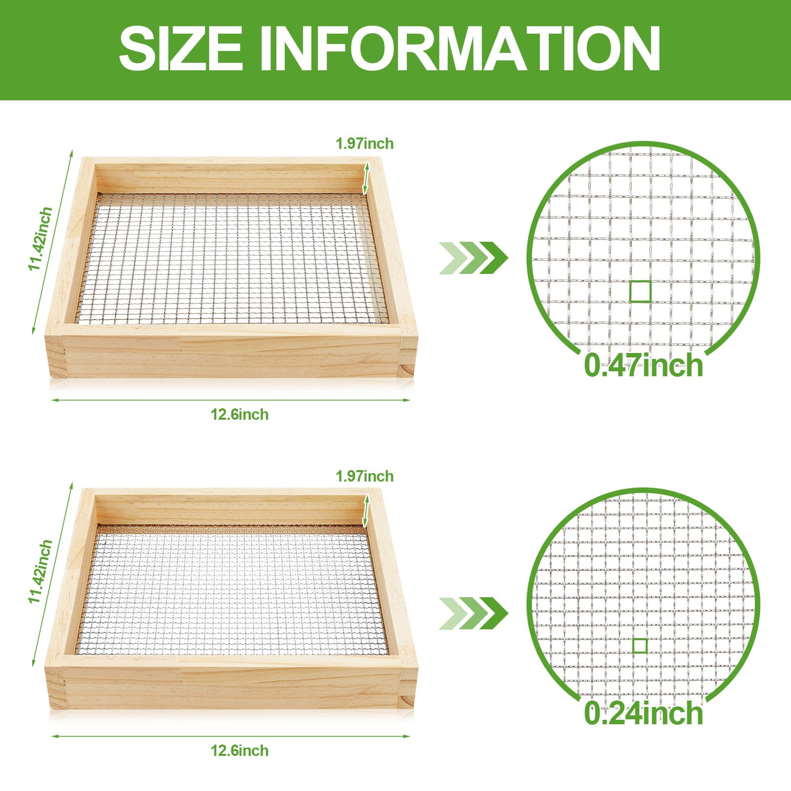 Mifoci 2 Stück Bodensieb Schmutzsieb für Gartenarbeit, leichtes Holzsieb, 32 x 29 cm, Kompostsieb mit 2 Sieben, 6,3 mm und 1,27 cm Siebsieb für Gartenarbeit, Steinsieb, Boden, Schmutz, Fels-Kompost, 2