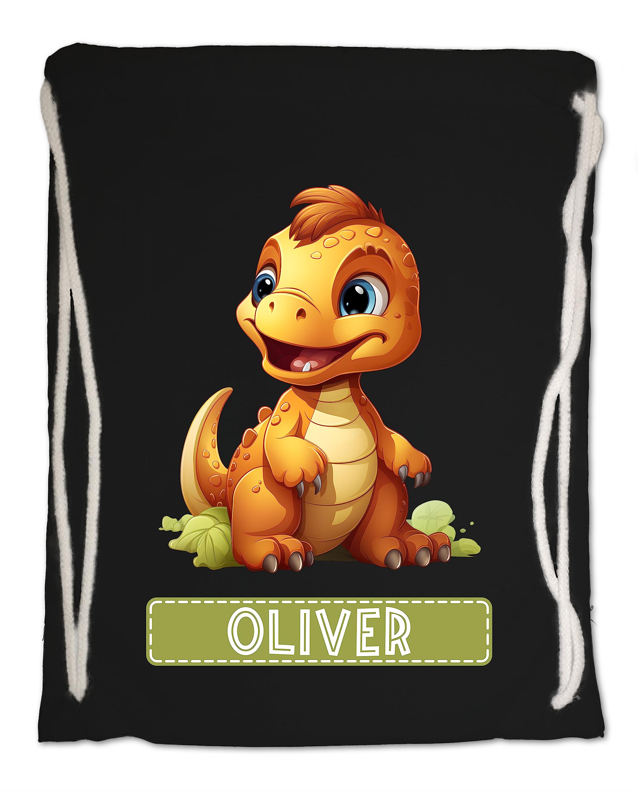 Kids Gym Bag. Personalised Any Name Cute Baby Dinosaur Swimming PE School Travel Drawstring Bag (Black)