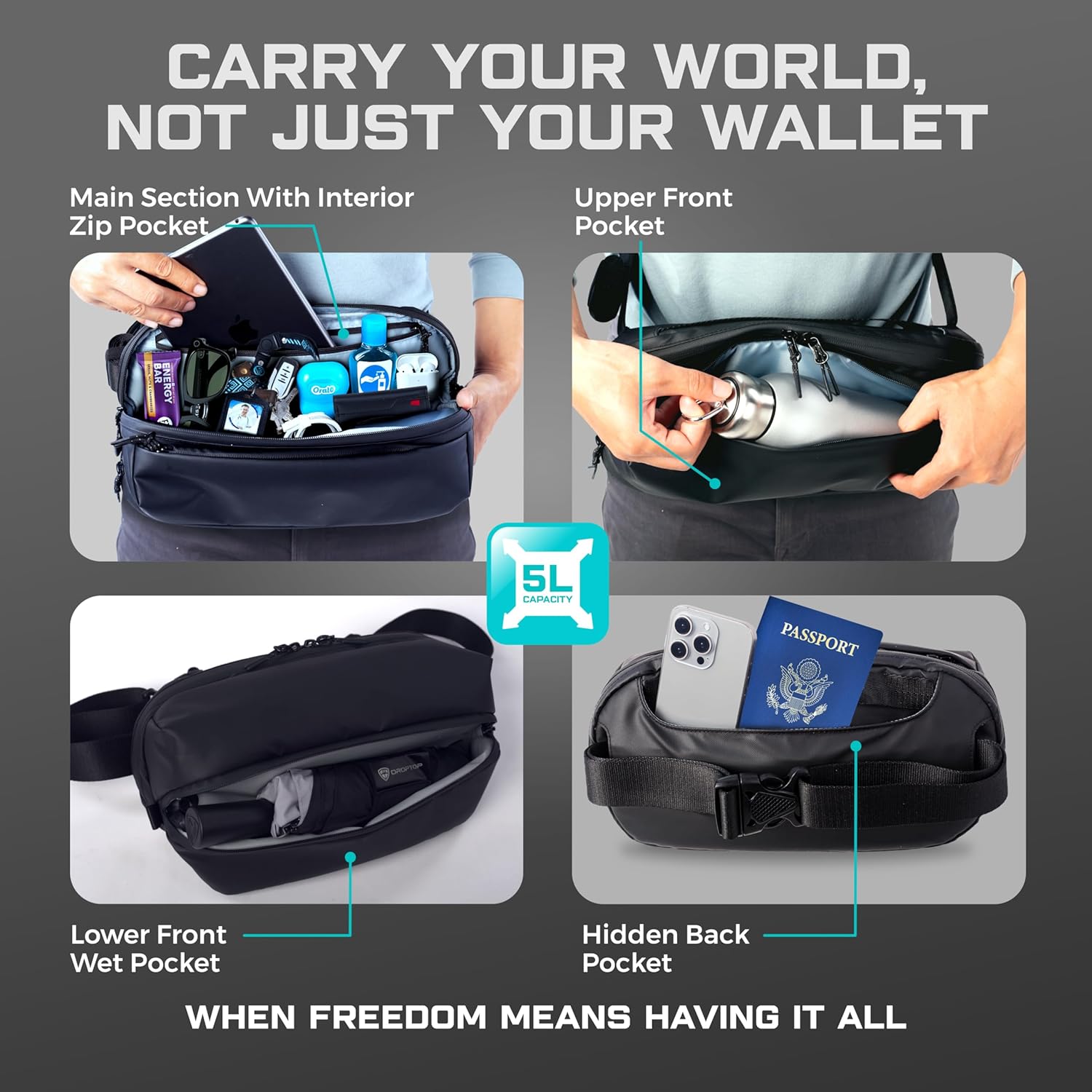 DROPTOP Oversized Crossbody Sling Bag Fanny Pack 5L – Waterproof 600D Fabric, YKK Aquaguard Zippers, Dedicated Wet Umbrella Pocket with Included Umbrella, Travel & Everyday Carry for Men & Women