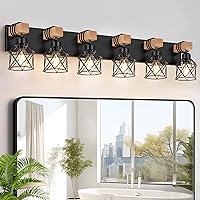 Vista 18 de FadimiKoo Lámparas de Tocador de Baño Estilo Granja de 2 Luces, Iluminación de Baño de Madera Sobre Espejo, Apliques de Pared Rústicos Negros