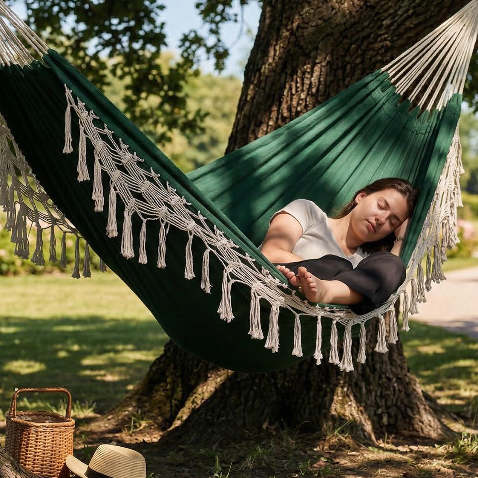 Hängematte Outdoor Boho Hängematte 2 Personen, Tragfähigkeit bis zu 204kg, tragbar mit Tragetasche für Patio Garten Hof Indoor (Grün) Garten
