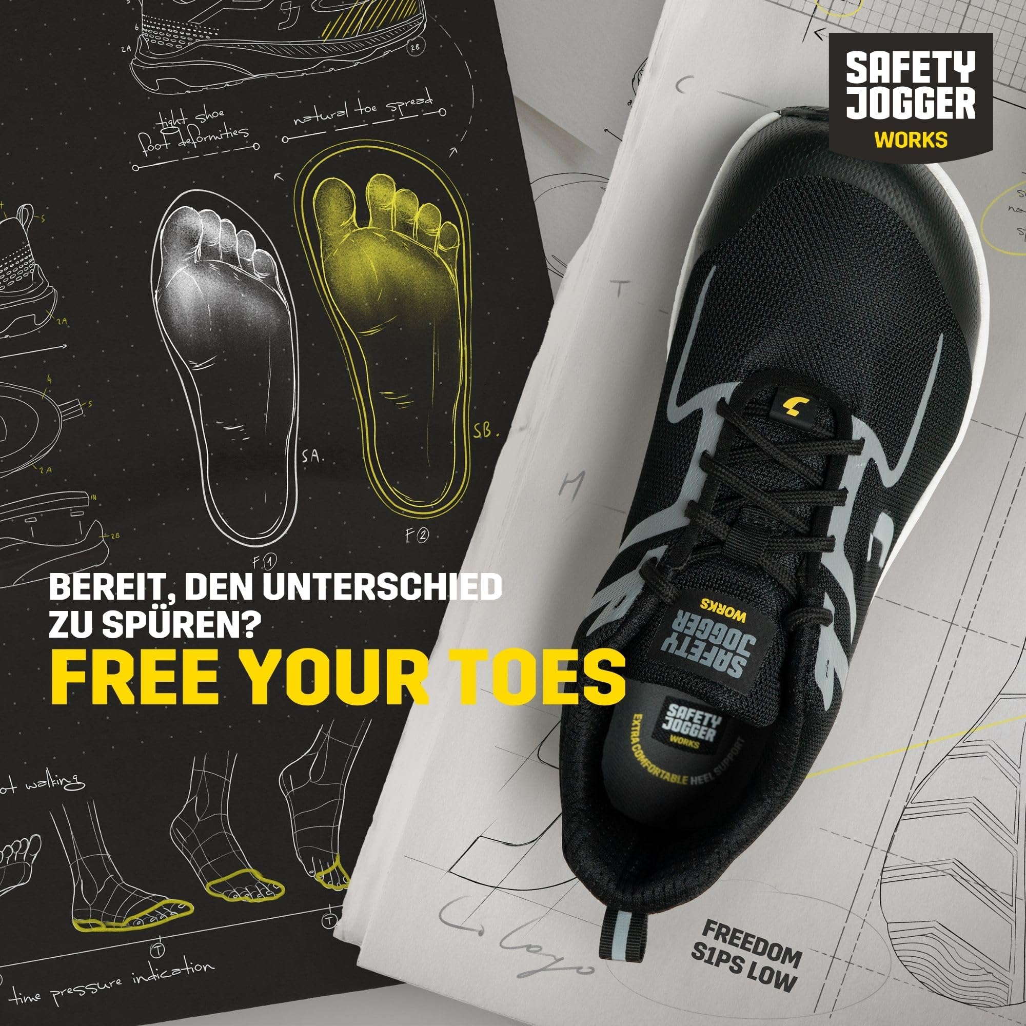 SAFETY JOGGER - Freedom S1PS TLS - Leichte Sicherheitsschuhe - Schwarz | Atmungsaktive und Bequeme Arbeitsschuhe Herren und Damen mit breiter Kunststoffkappe, Drehverschluss, ESD und Barfuß Design