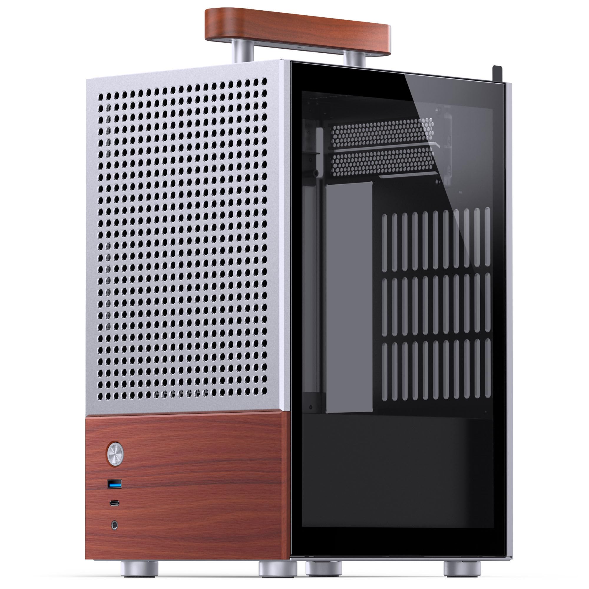 Jonsbo T6 Mini-ITX PC-Gehäuse – Silber, Tempered Glass & Holzgriff, Aluminium & Stahl, kompaktes Mini-Tower Case