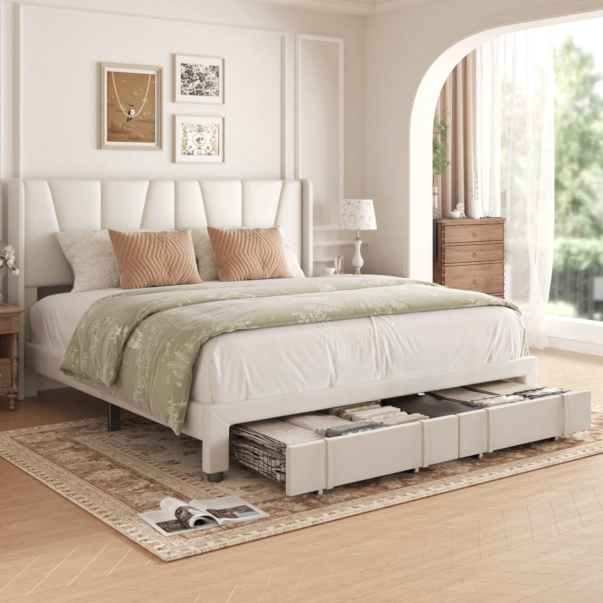 Photo 1 of viplov King Bed Frame with Storage Drawers, Velvet Upholstered Platform Bed with 47" Tall Headboard and Wingboard, No Box Spring Needed, No Noise, Easy Assembly, Wooden Support Slats, Beige