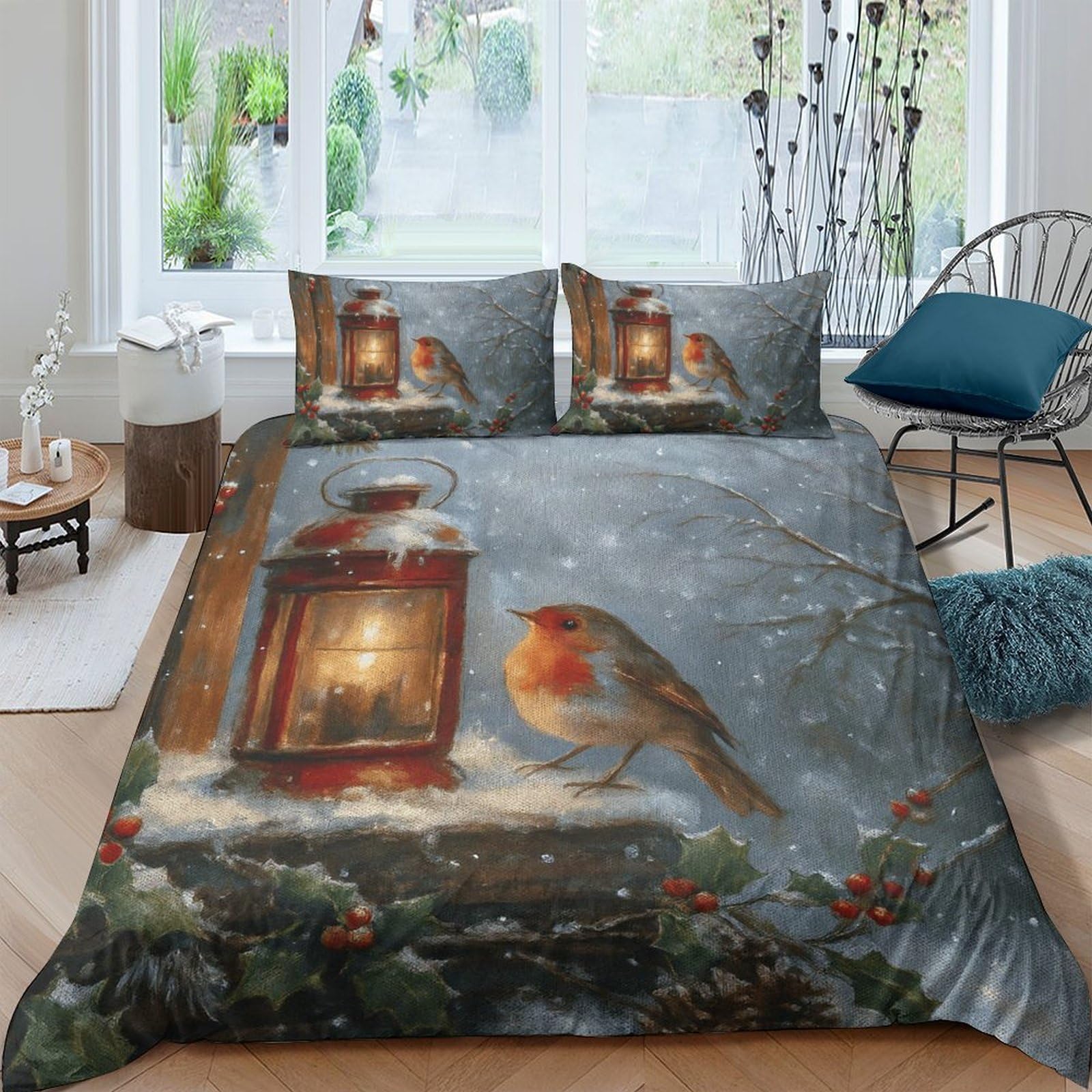 Ctjqhvkz Style-4 3D Printed Winter Lantern Fitted Sheet Microfiber Soft Robin Bird Mattress Cover For Bedroom Guest Room Decor Single（135X200cm）