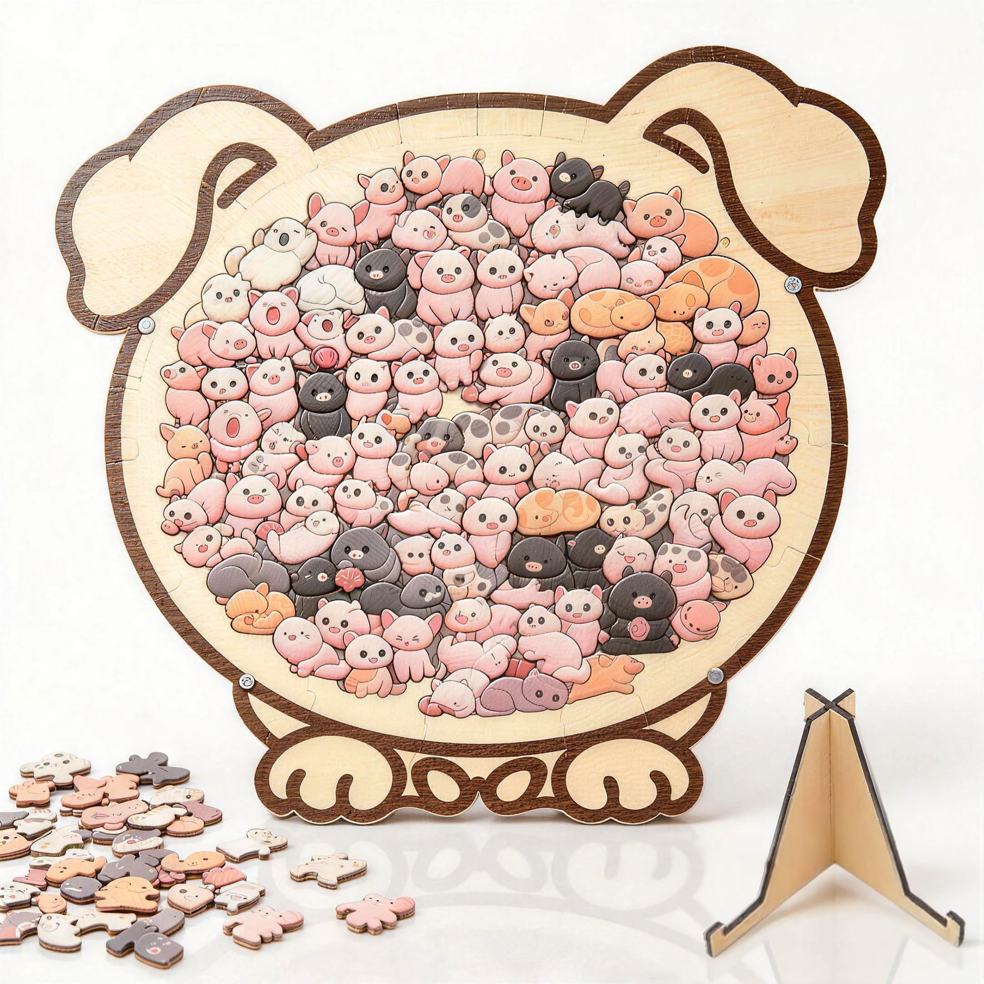 Pig Shaped Wooden Jigsaw Puzzle with Stand, Unique Animal Shape Wood Puzzle for Adults, Creative Gifts for Pigs Lovers, Home Decorative Display Piece (Pig) โ image 1
