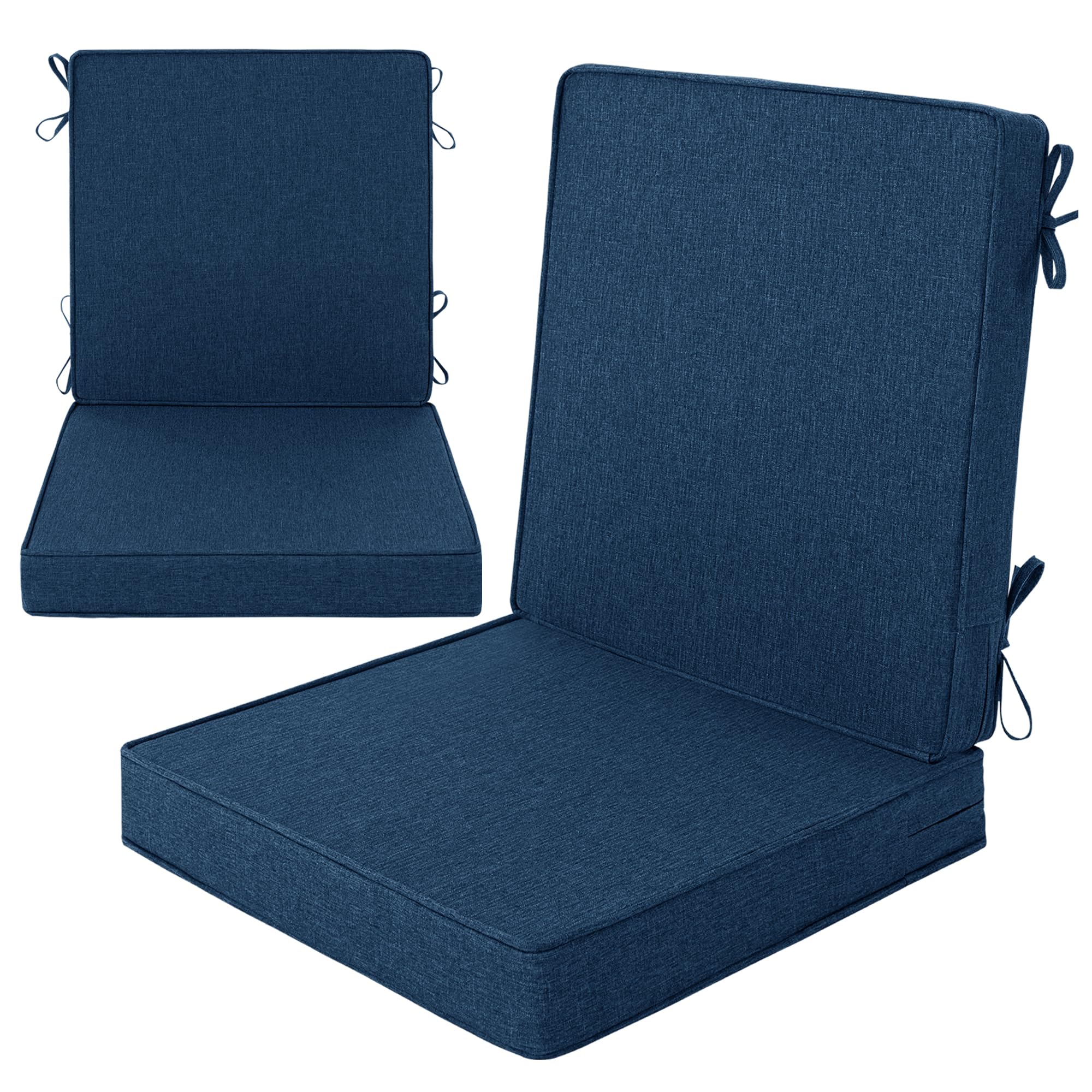 Photo 1 of Fitfree Outdoor Chair Cushions, Water-Resistant & Fade-Resistant, Patio Furniture Lawn Dining Chair Seat Replacement with Mid Back, Ties Zipper, Removable Cover, 18 x 16.5 Inch, Set of 2, Navy Blue