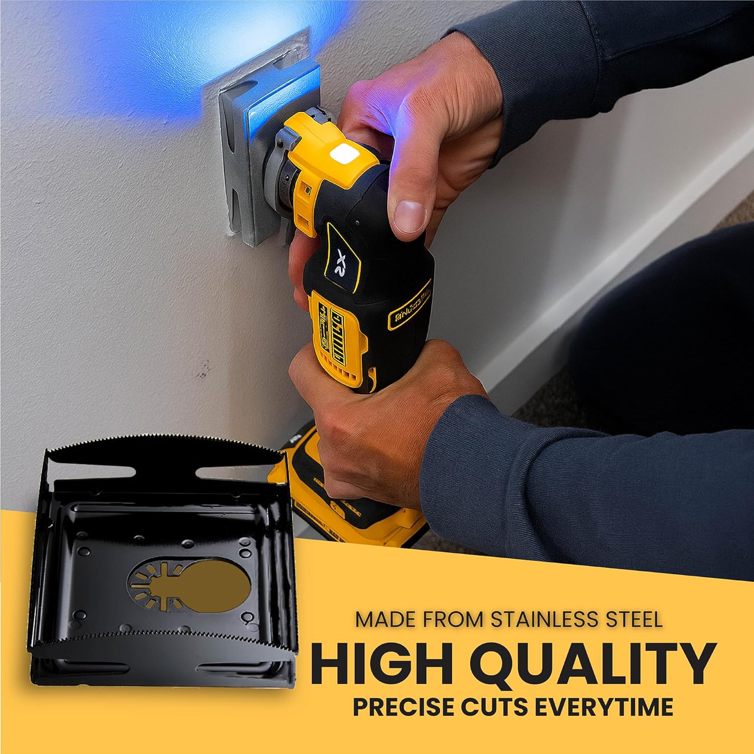 Qbit SQ1000-4X4 | Oscillating Multi-Tool Blade for 4x4 Electrical Box Cutouts – Stainless Steel Blade for 4 Square Boxes – Safe Drywall Outlet Cutter with 360° Universal Mount – Made in USA