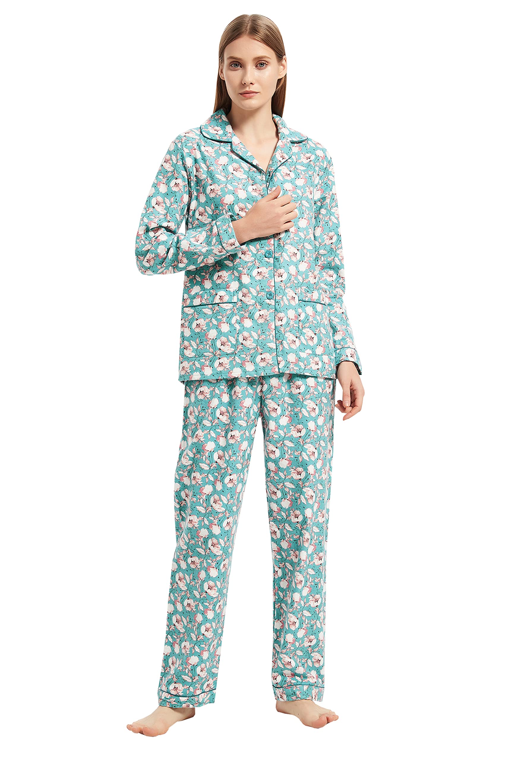 GLOBAL Pyjamas for Women Flannel Cotton Sleepwear long Ladies Pyjamas Sets Button Down Lou...