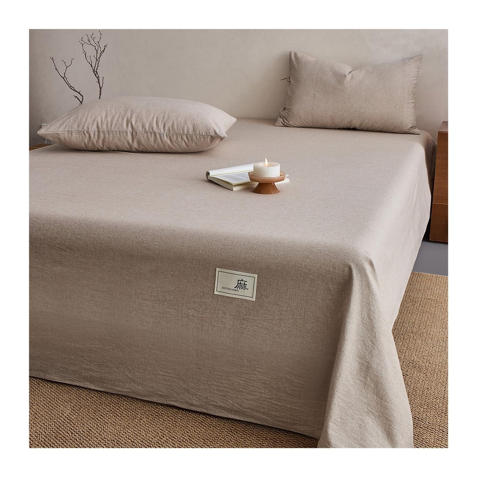 GBHMJU 100% Cotton Linen Flat Sheet A Class Soft Top Sheet for Sensitive Skin(Khaki,200x230cm+48x74cm x2)