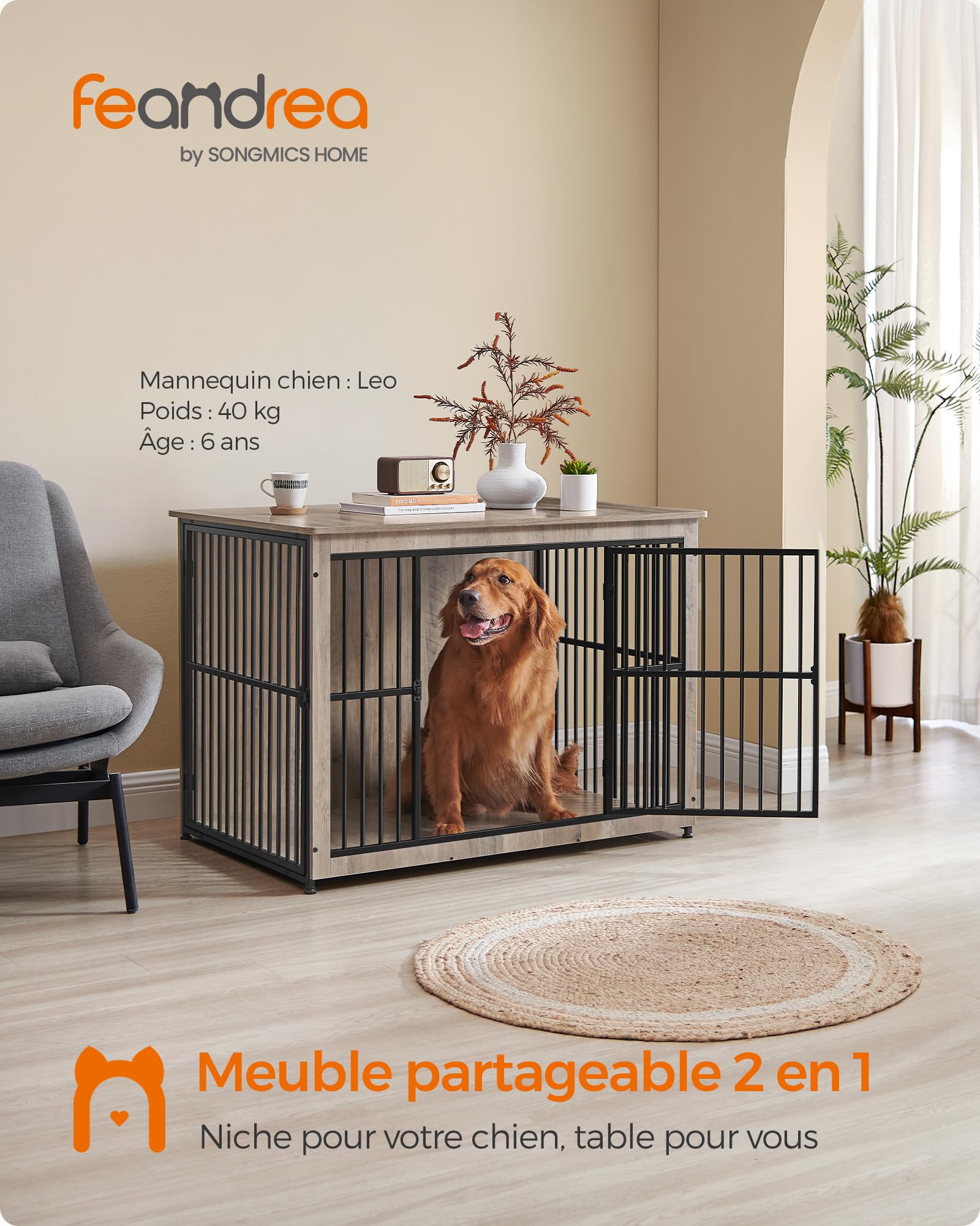 Feandrea Meuble Cage pour Chien, Table d’Appoint, Niche Moderne pour Chiens Jusqu’à 37 kg, Cage Solide pour Chien avec Fond Plein, Double Porte, Grège Chiné PFC024G01