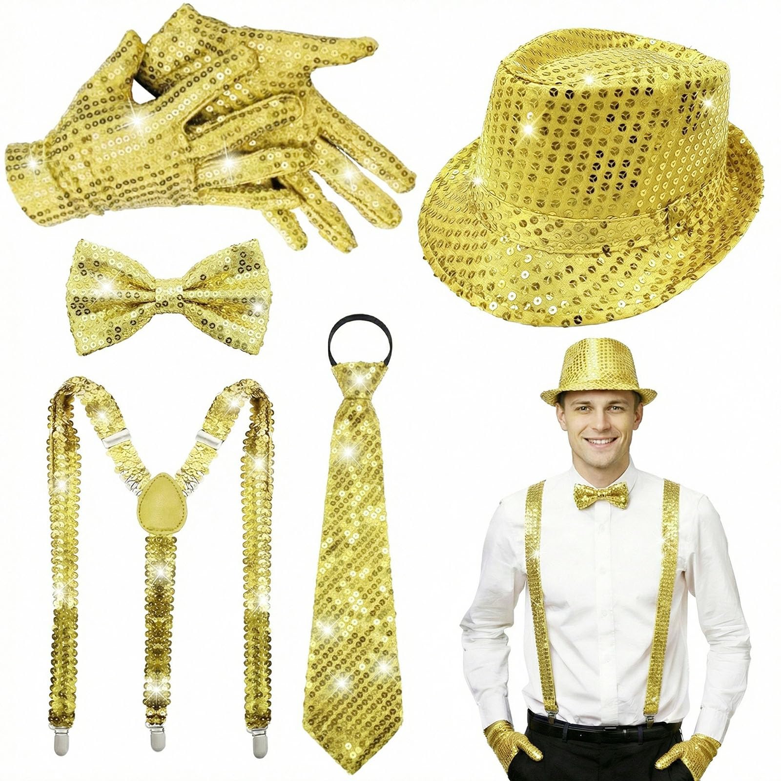 ELECLAND 6 Pieces 1970s Men Disco Accessories Set for Party Halloween Cosplay Hat Bow Tie Gloves Necktie Suspenders (Gold)