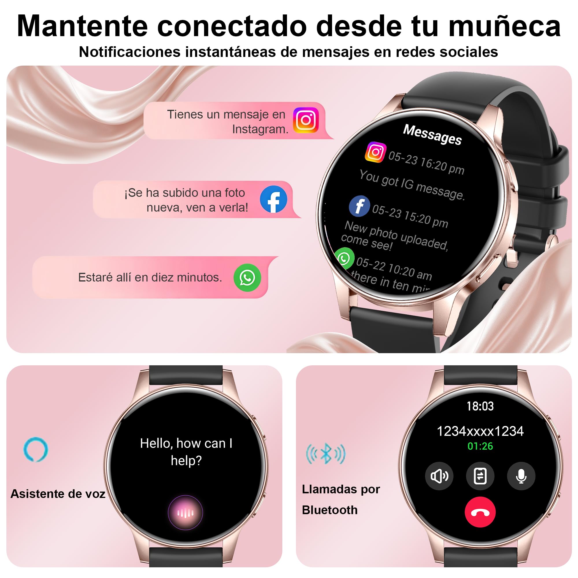 Reloj Inteligente Mujer con Llamadas, 1.27" HD Redondo 3 Correas