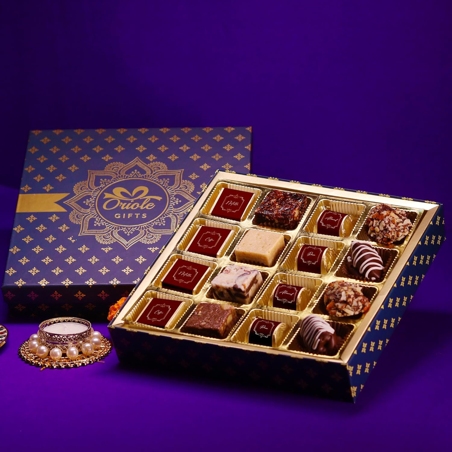 Diwali Gift Hamper for Employees, Clients, Family and Friends with 8 Chocolates, 4 Sweets, 4