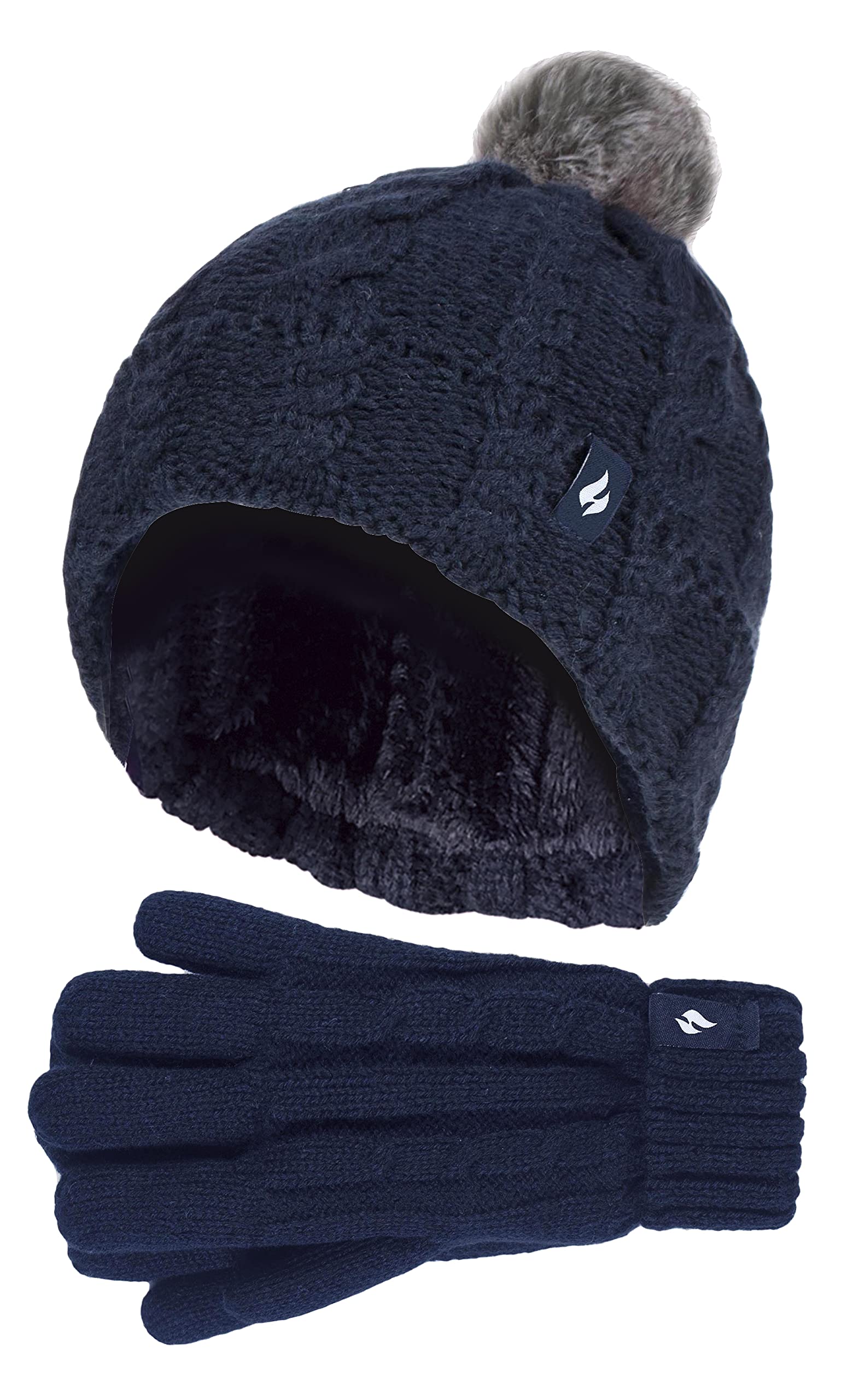 HEAT HOLDERS - Girls Bobble Pom Pom Hat and Gloves Set | Turn Over Cuff Hat & Cable Knit Gloves Style (7-10 Years, Navy)