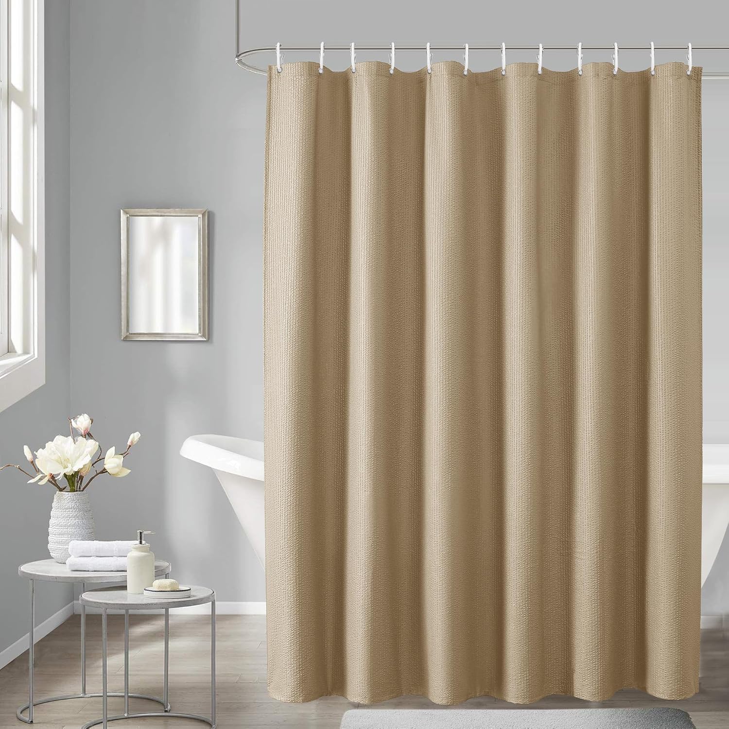 HOMETHREADS Embrace Luxury with Our 6-Feet Long Premium Polyester Shower Curtain with 12 Hooks for a Lavish Bathroom Ambiance | Stylish, Splendid, and Perfectly Sized (Grey_Leaf, 180x200cm) — Amazon image 9