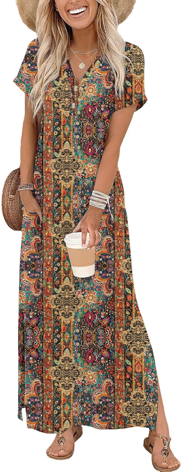 Zeagoo Summer Dresses for Women 2026 Maxi Dresses Vacation Sundress Short Sleeve Casual Sundresses Split Dress with Pockets