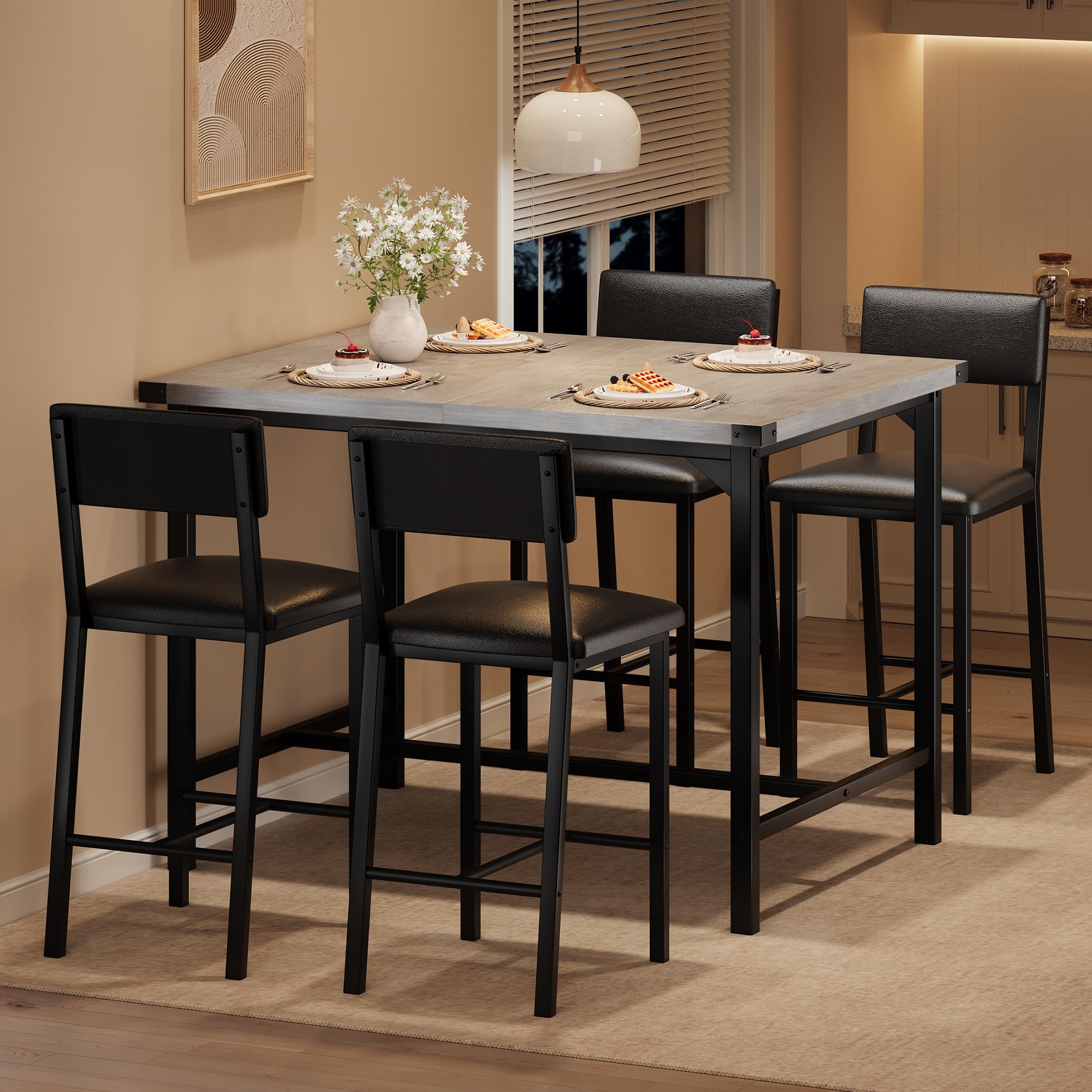 IDEALHOUSE Dining Table Set for 4 w/Footrest, 5-Piece Kitchen Table Set with Corner Protector, Counter Height Table with 4 Upholstered Bar Stools, for