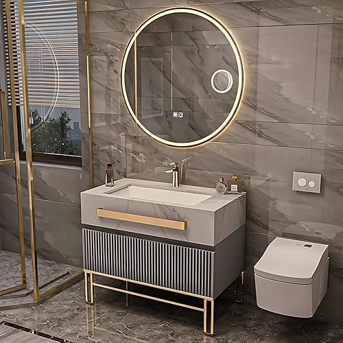 Miniatura 10 de Tocador de baño con lavabo, moderno armario de tocador de baño e incluye juego de espejo de desempañamiento inteligente, espacio de almacenamiento