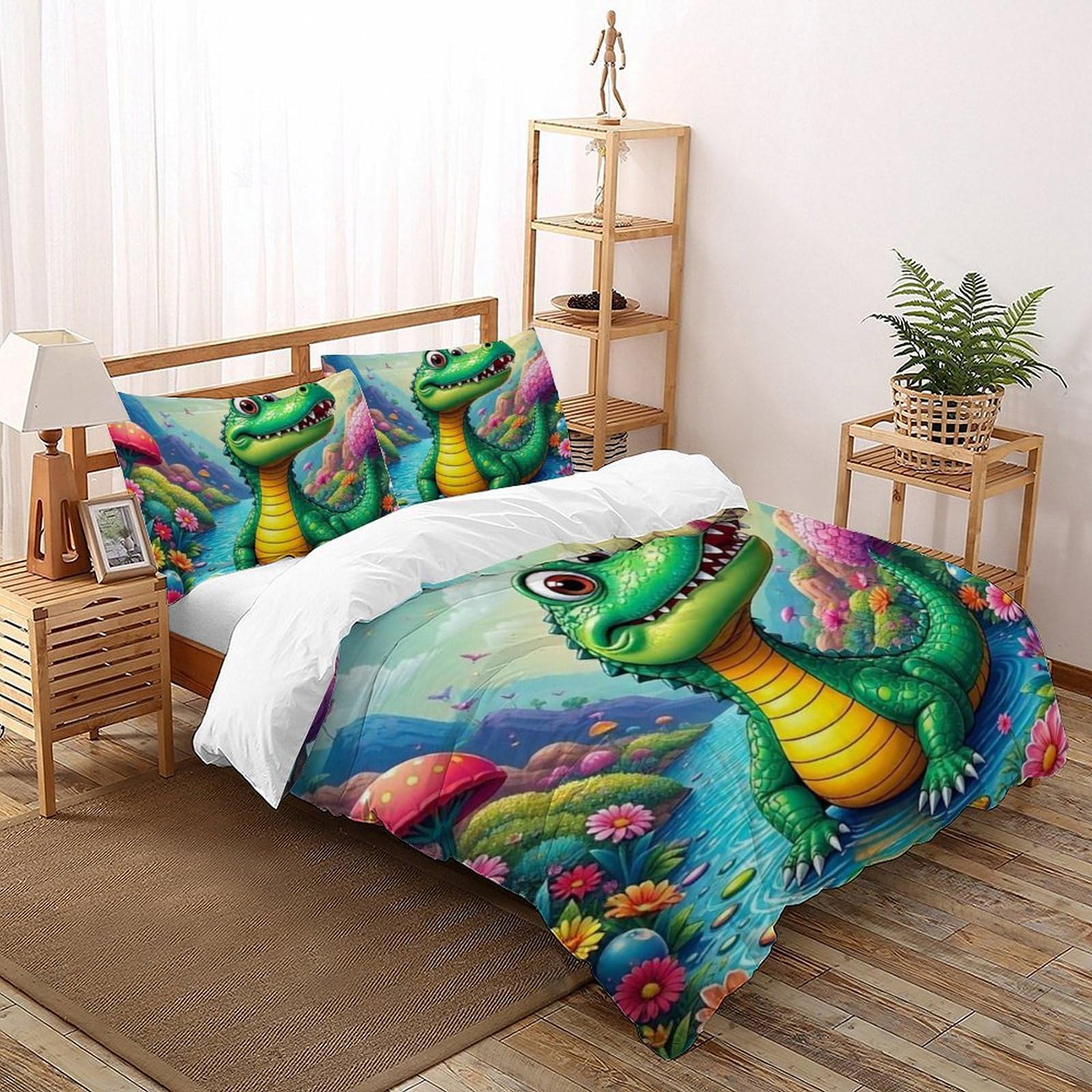 Housse de couette crocodile 220x240 cm en microfibre imprimée 3D avec 2 taies d'oreiller
