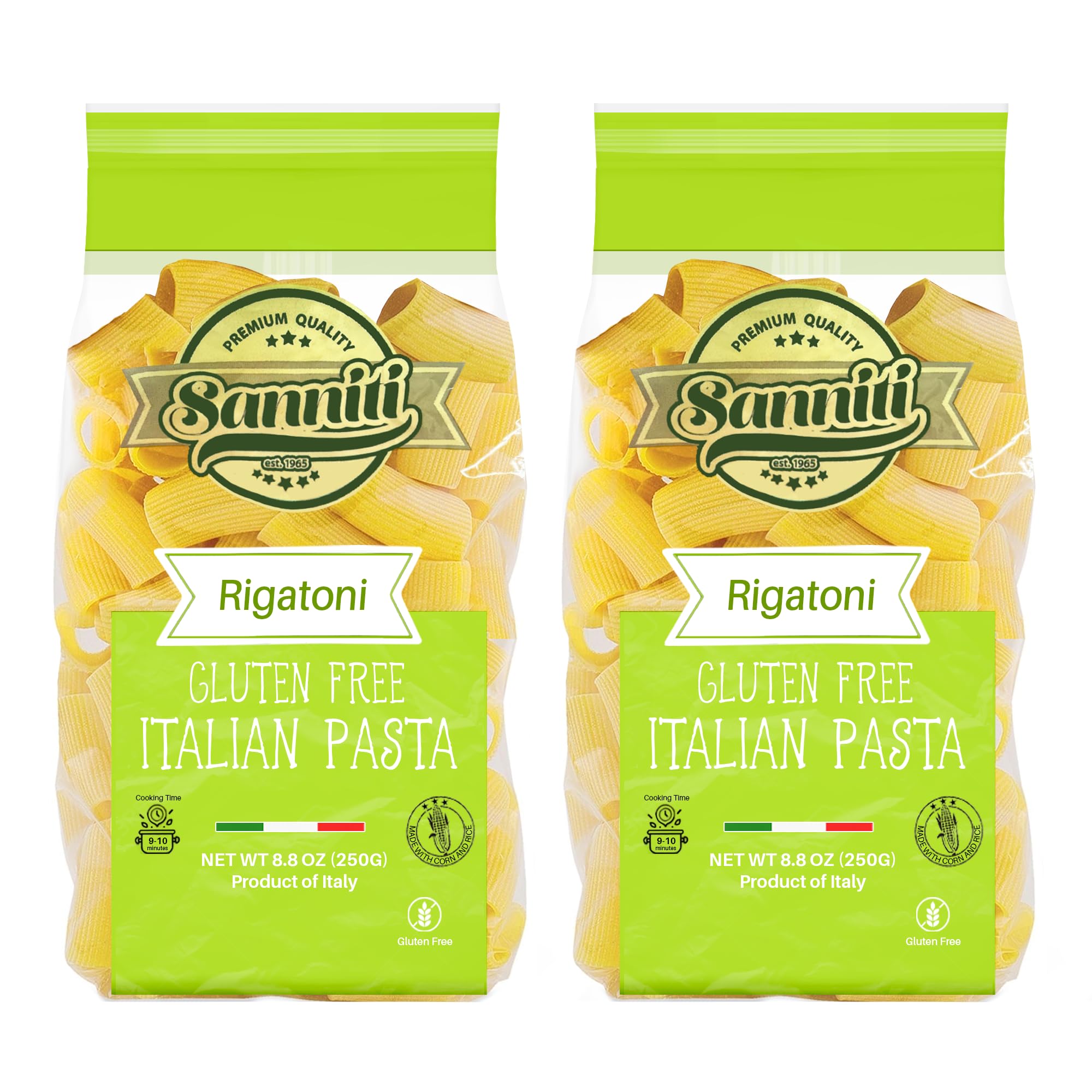 Sanniti Italian Gluten Free European-Kosher Vegan GMO-Free Pasta Made with Corn and Rice imported from Italy, 8.8 oz (Pack of 2) (Rigatoni)