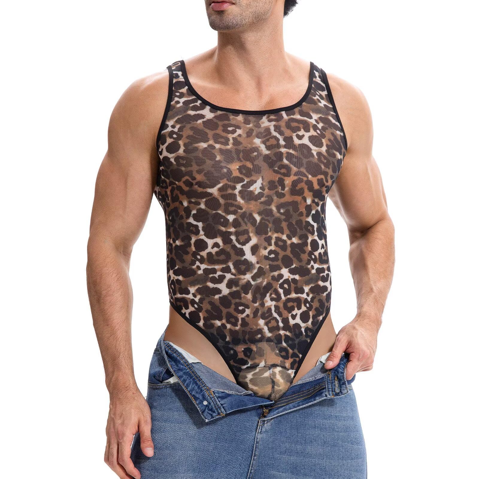 Landofgenie Body Homme en Mesh sans Manches avec Tanga Au Dos, String Transparent Respirant