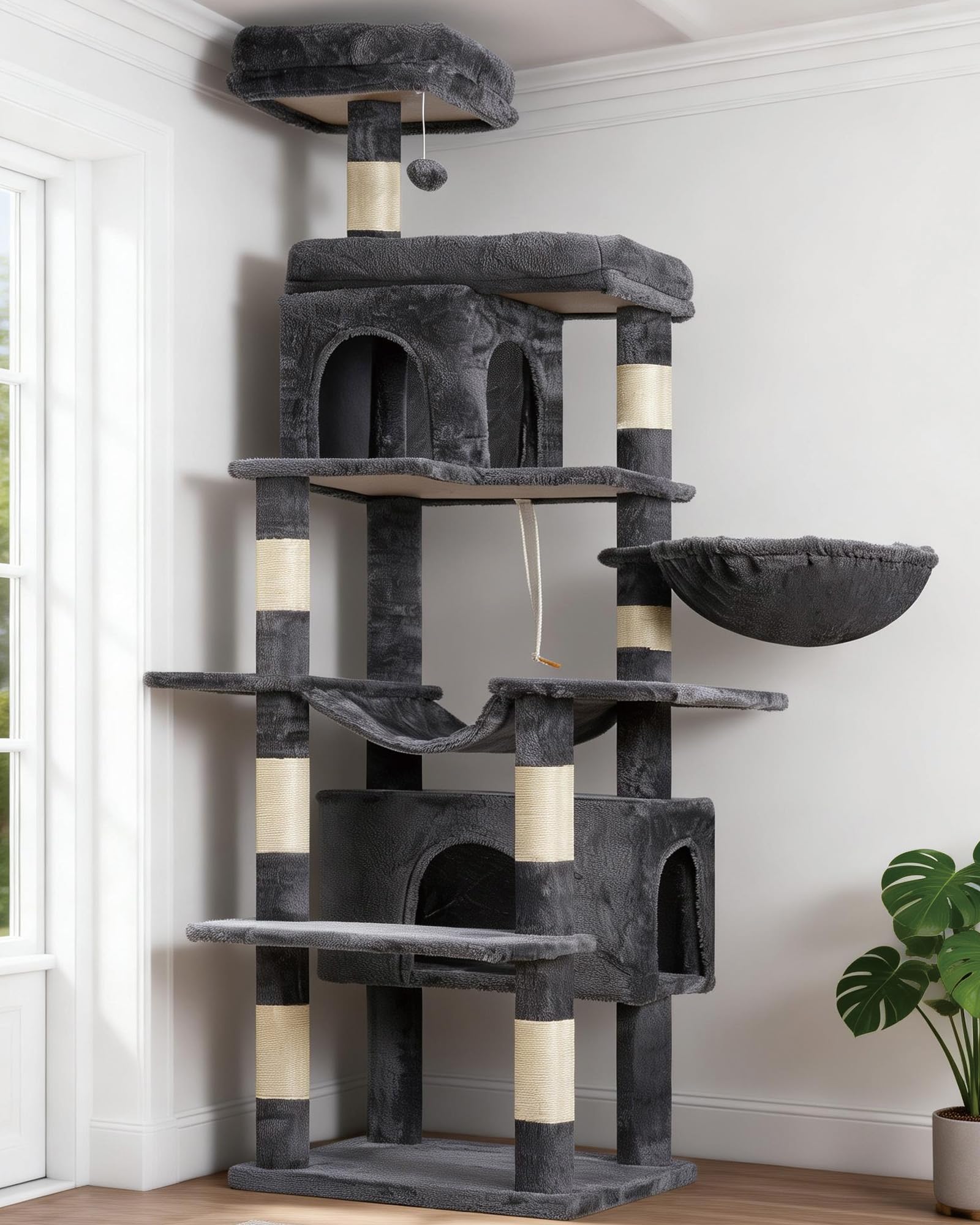 Heybly Kratzbaum, 178 cm Hoch, kratzsäule für Indoor Katzen, Mehrstöckiger Katzenkratzbaum mit 8 Kratzsäulen, 2 Höhlen, 2 Plattformen, Hängematte, Korb, Plüschbälle